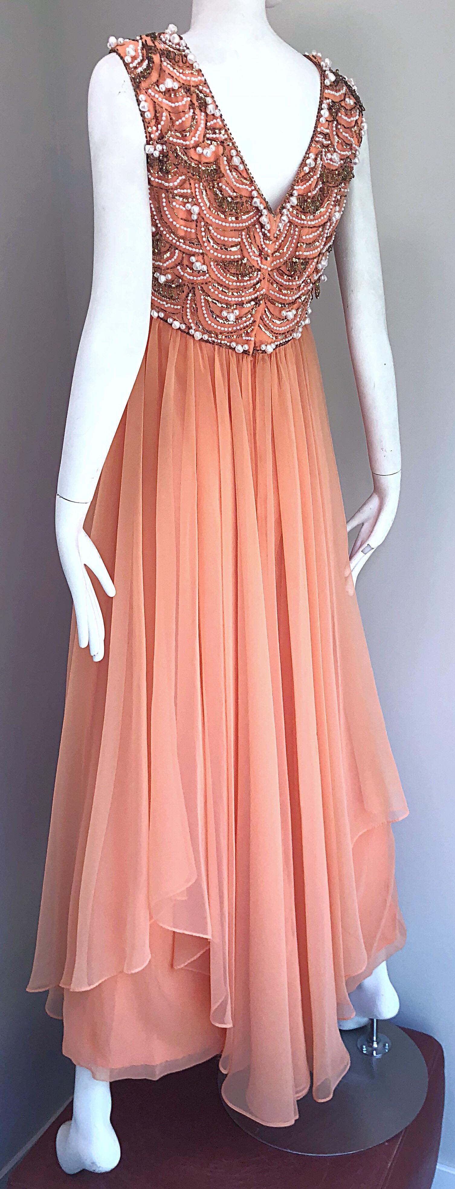 1960s Isabell Gerhart Sherbet Coral Demi Couture Beaded Chiffon 60s Gown Dress For Sale 6