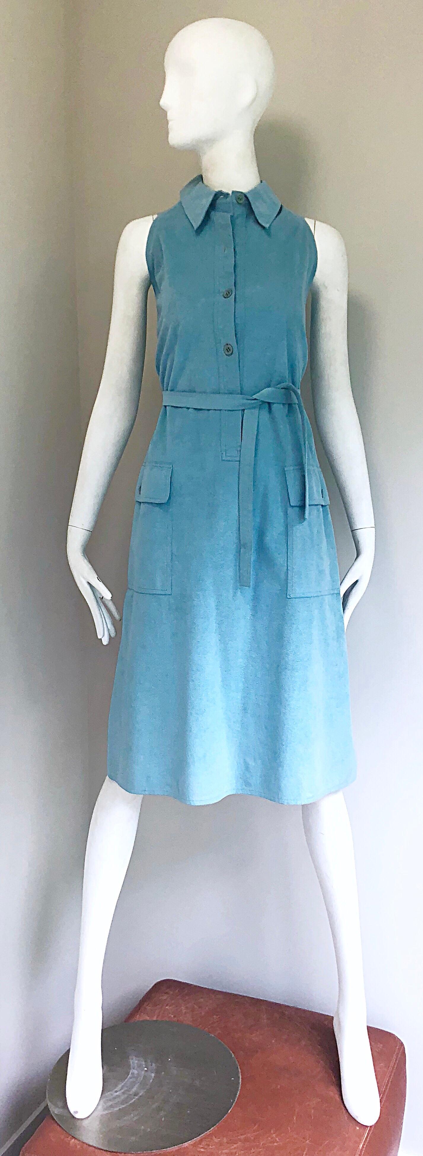Chic iconic early 1970s HALSTON for MONTALDO'S Ultrasuede Robin Egg blue sleeveless belted shirt dress! This beauty is particularly rare, as it hails from Halston's debut line of ultra suede in 1972. Buttons up the front all the way to the collar.
