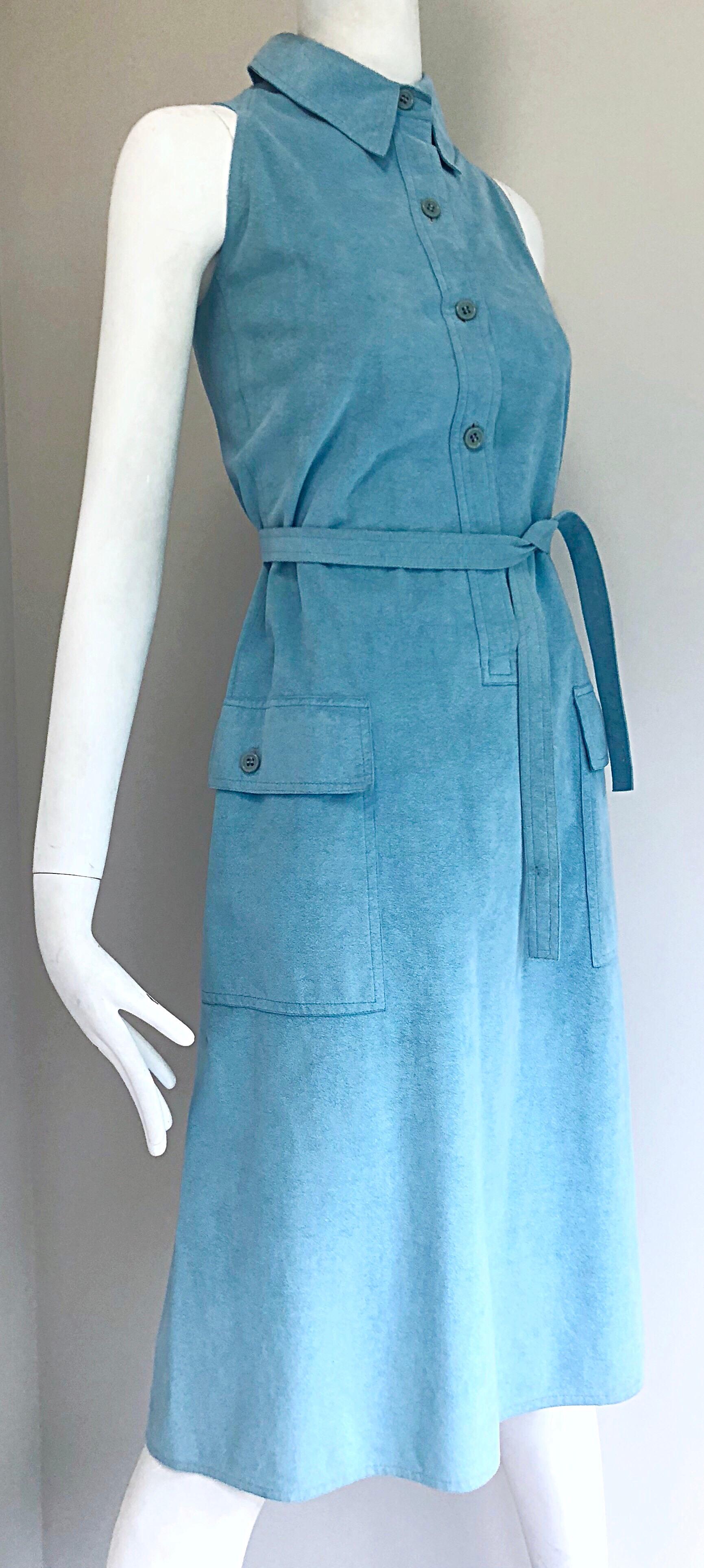 1970s Halston Robin Eggs Blue Ultrasuede Sleeveless Vintage 70s Shirt Dress In Excellent Condition In San Diego, CA