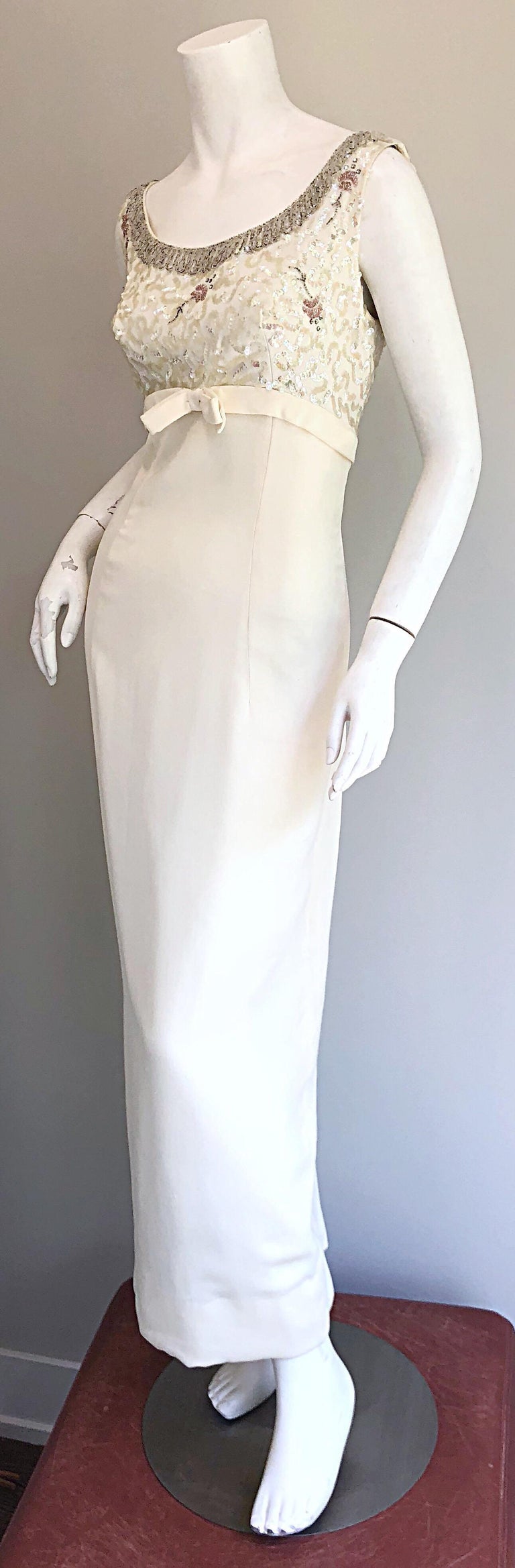 1960s White Sequin Beaded Vintage Crepe 60s Evening Gown Dress