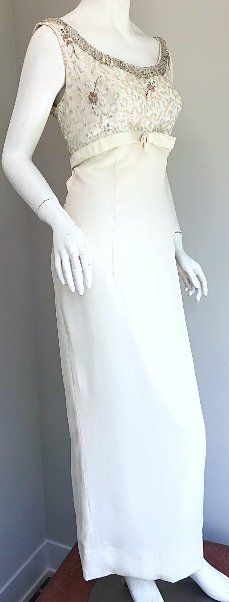 1960s White Sequin Beaded Vintage Crepe 60s Evening Gown Dress