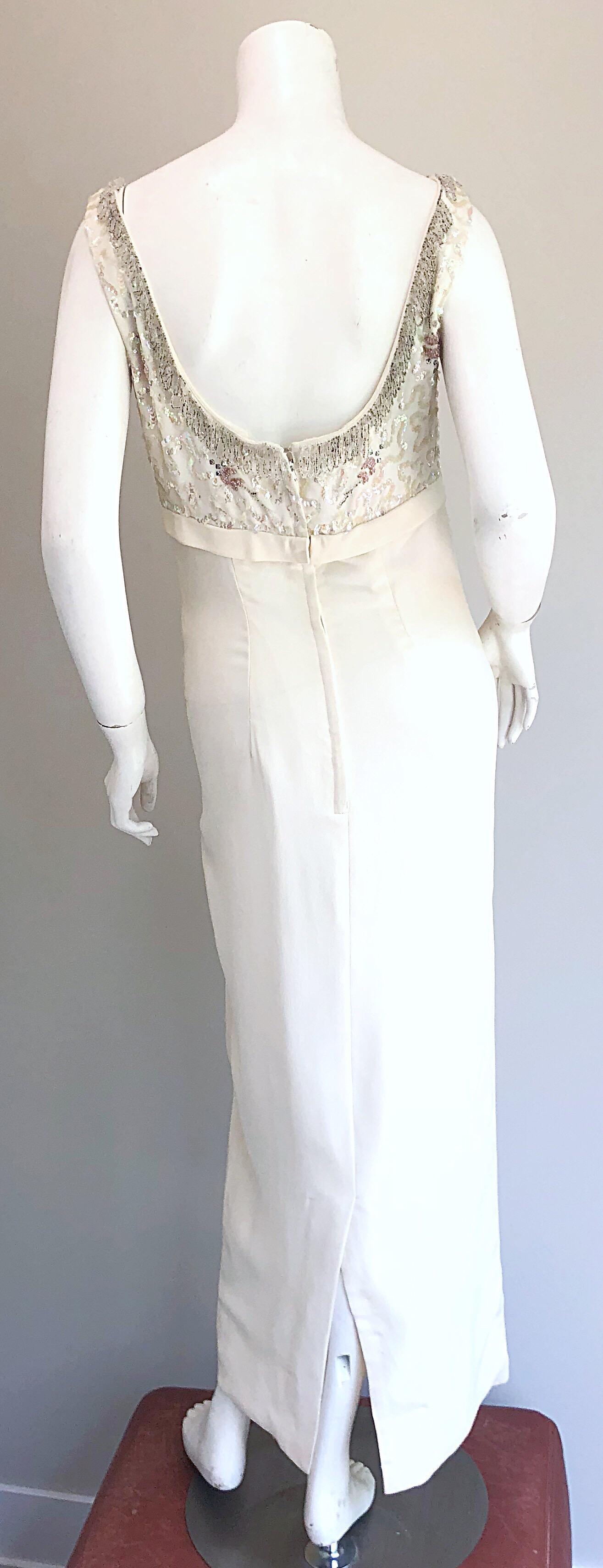 Gray Gorgeous 1960s White Sequin Beaded Vintage Crepe 60s Evening Gown Dress