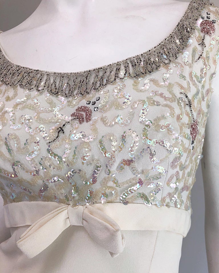 1960s White Sequin Beaded Vintage Crepe 60s Evening Gown Dress