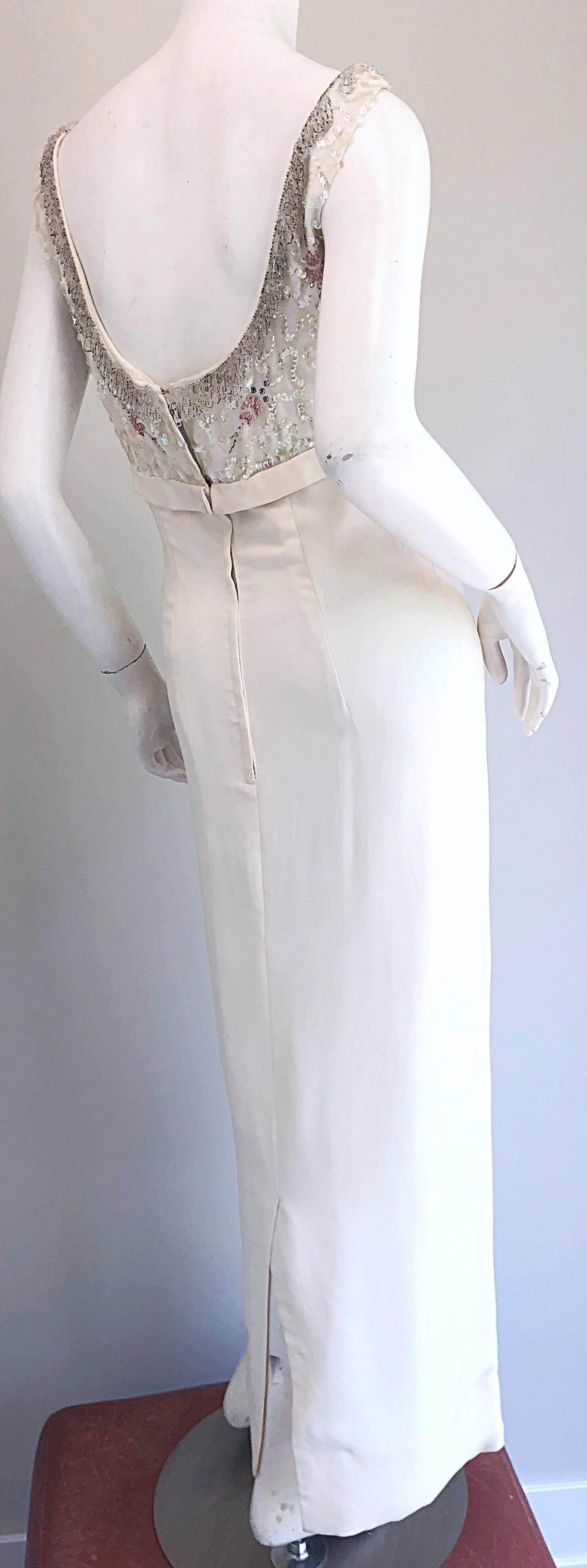Gorgeous 1960s White Sequin Beaded Vintage Crepe 60s Evening Gown Dress 1
