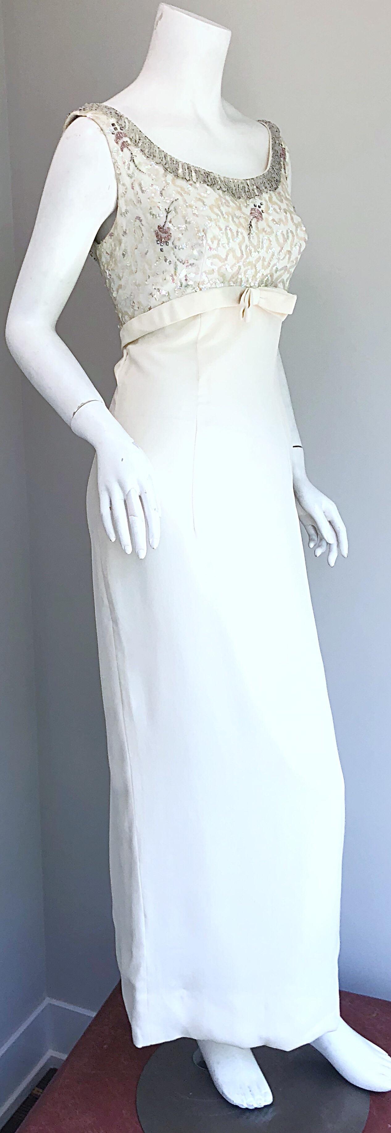 Gorgeous 1960s White Sequin Beaded Vintage Crepe 60s Evening Gown Dress 2