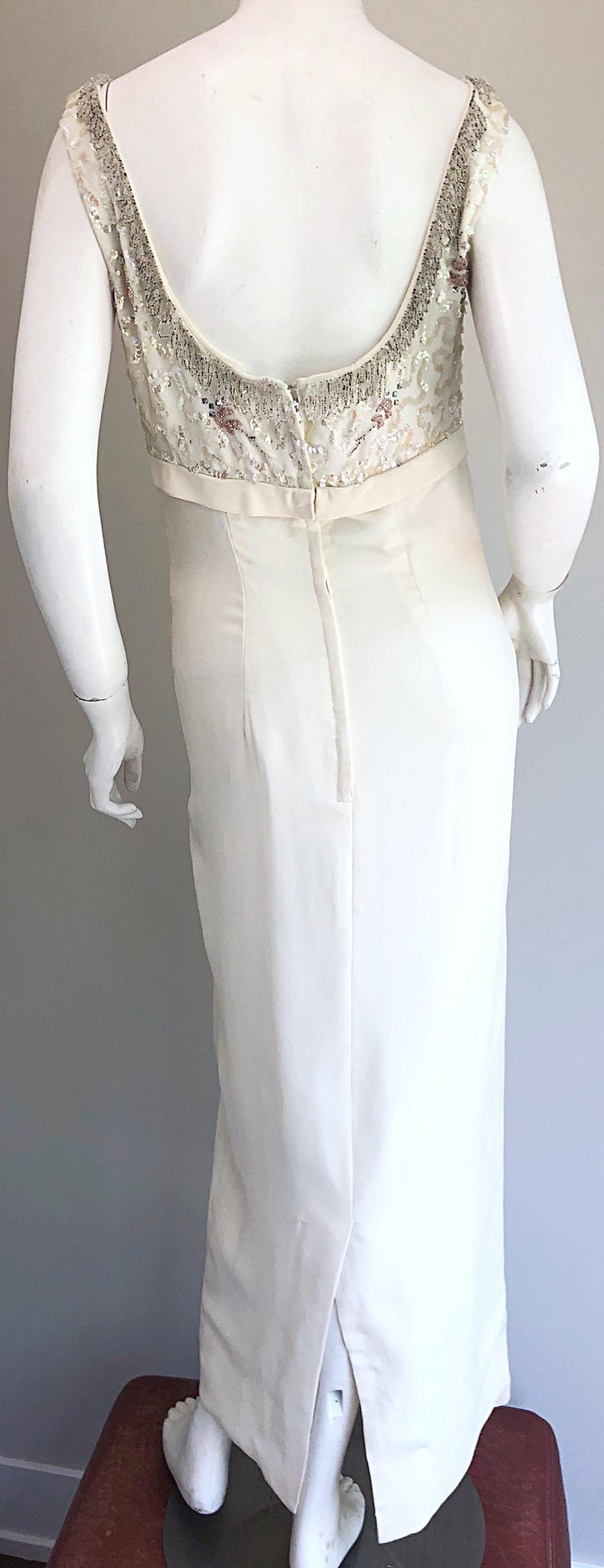 1960s White Sequin Beaded Vintage Crepe 60s Evening Gown Dress