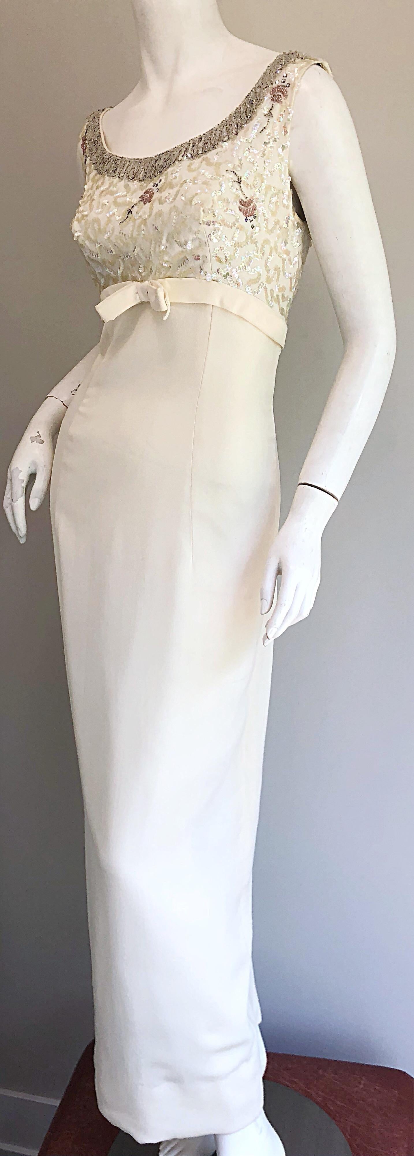 Gorgeous 1960s White Sequin Beaded Vintage Crepe 60s Evening Gown Dress 4