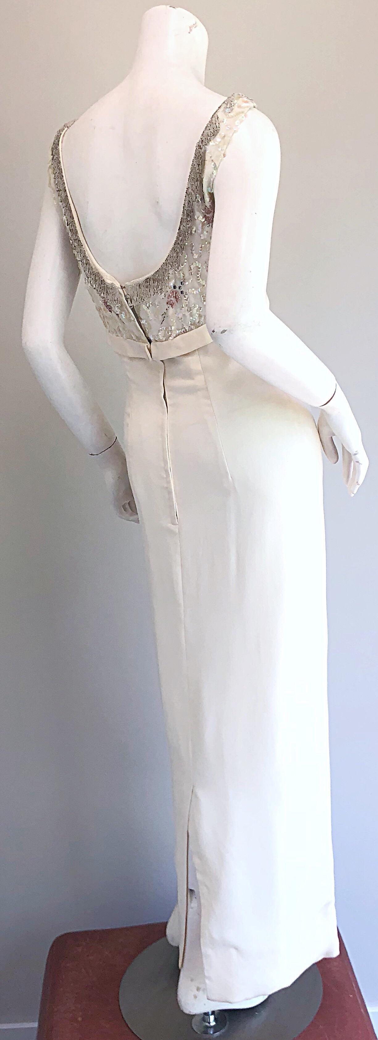 Gorgeous 1960s White Sequin Beaded Vintage Crepe 60s Evening Gown Dress 5
