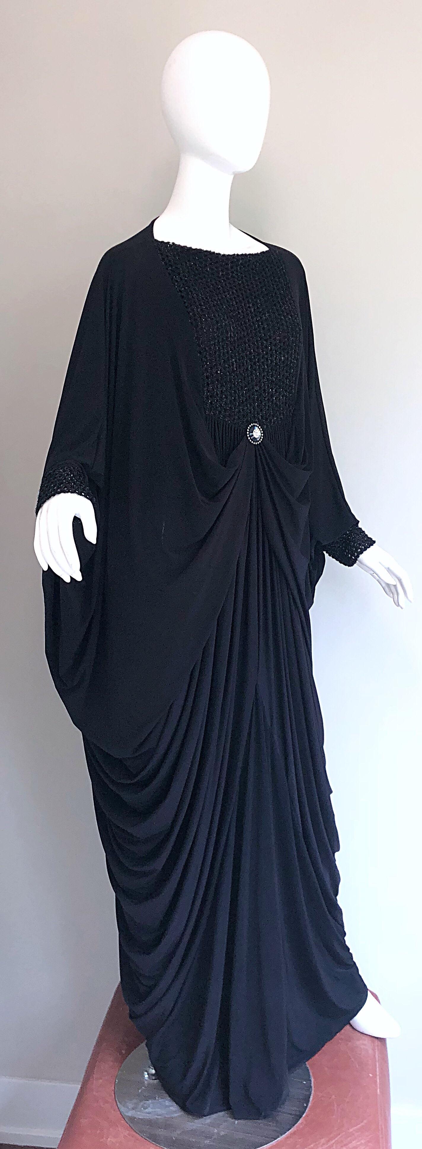 Amazing 1970s Black Jersey Metallic Grecian Vintage 70s Caftan Maxi Dress 1