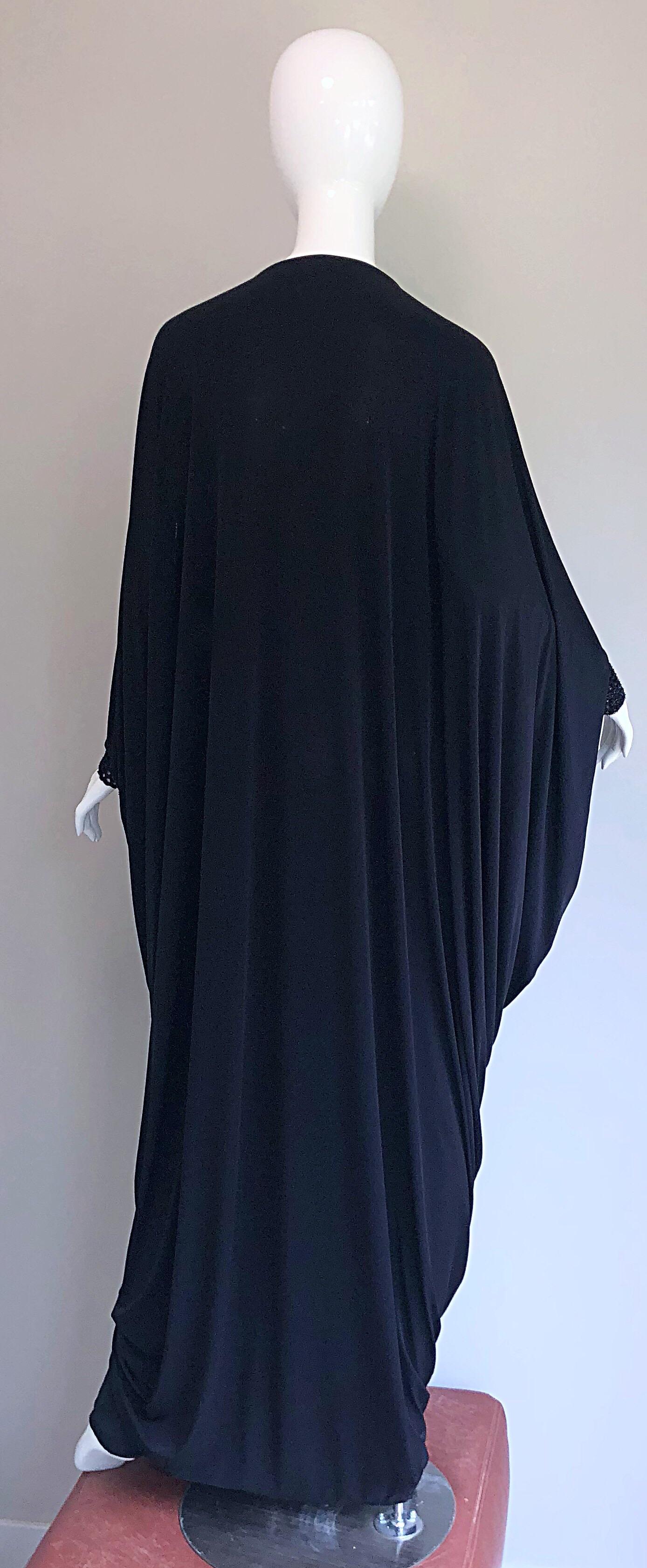 Amazing 1970s Black Jersey Metallic Grecian Vintage 70s Caftan Maxi Dress 2