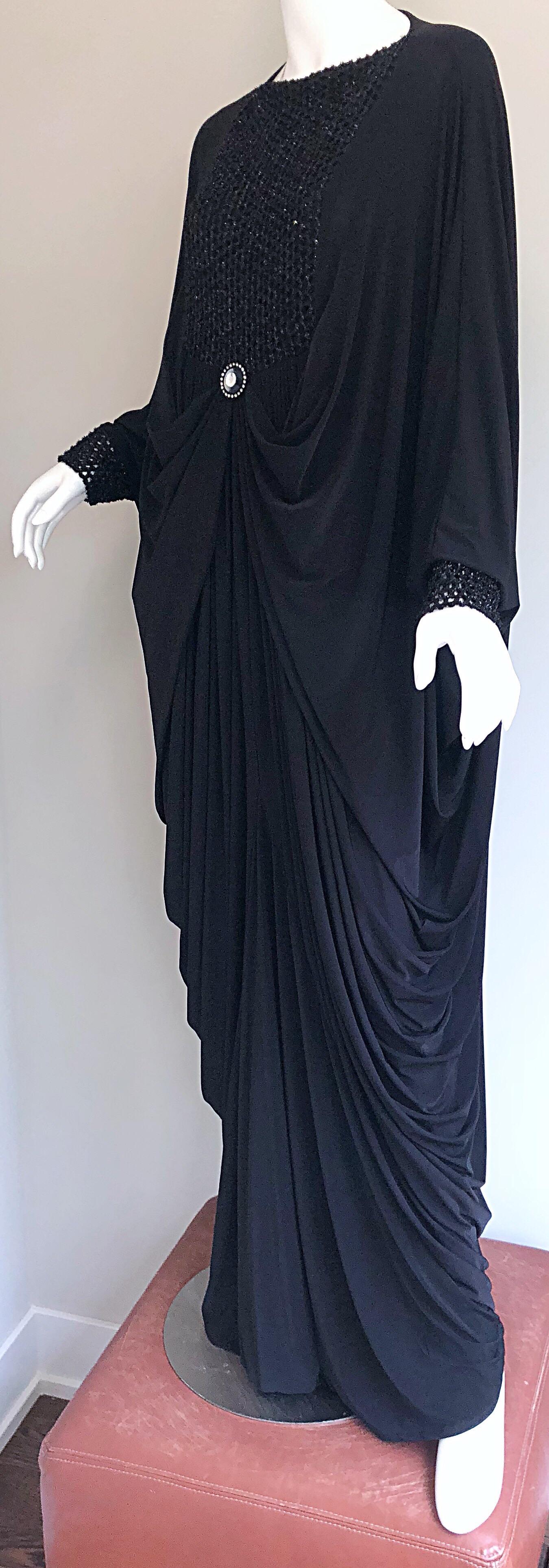 Amazing 1970s Black Jersey Metallic Grecian Vintage 70s Caftan Maxi Dress 4