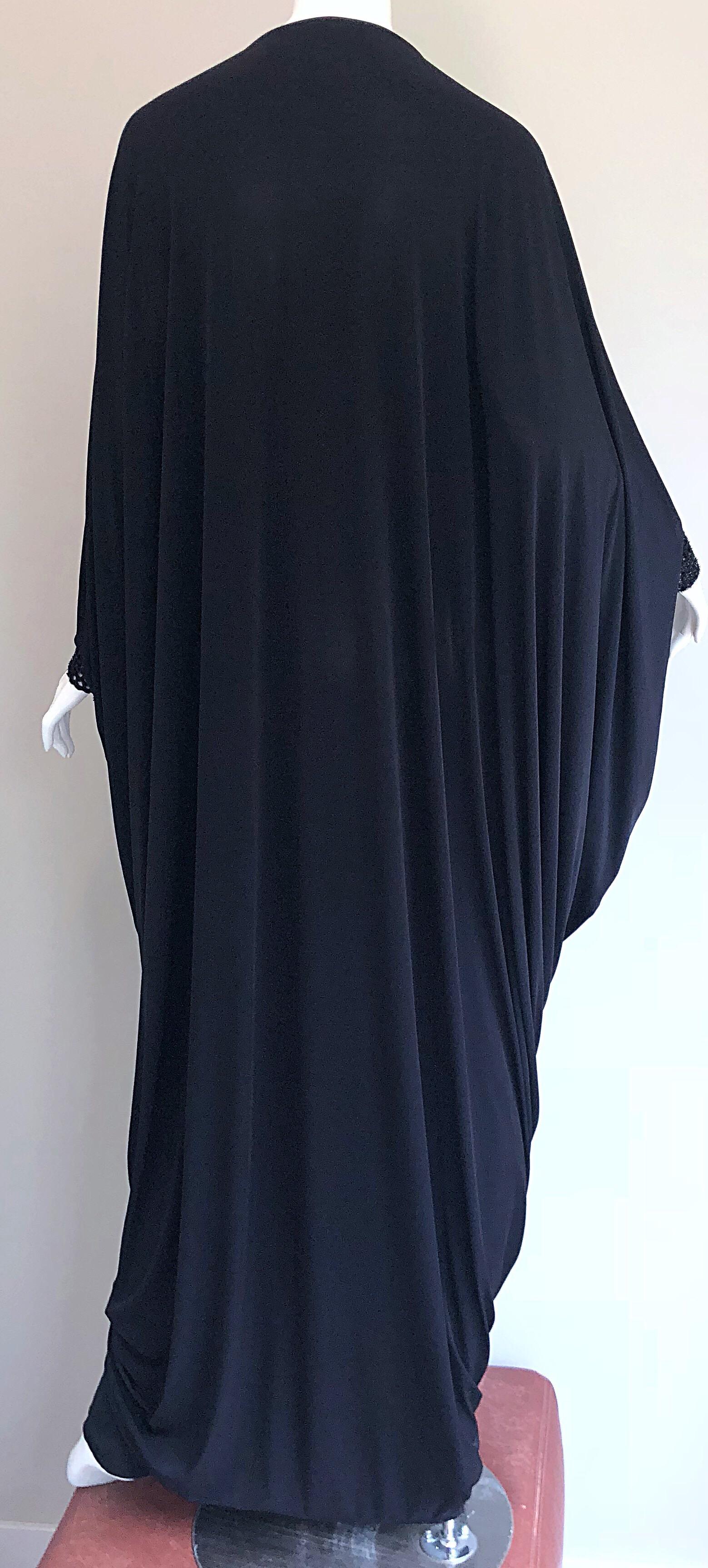 Amazing 1970s Black Jersey Metallic Grecian Vintage 70s Caftan Maxi Dress 8