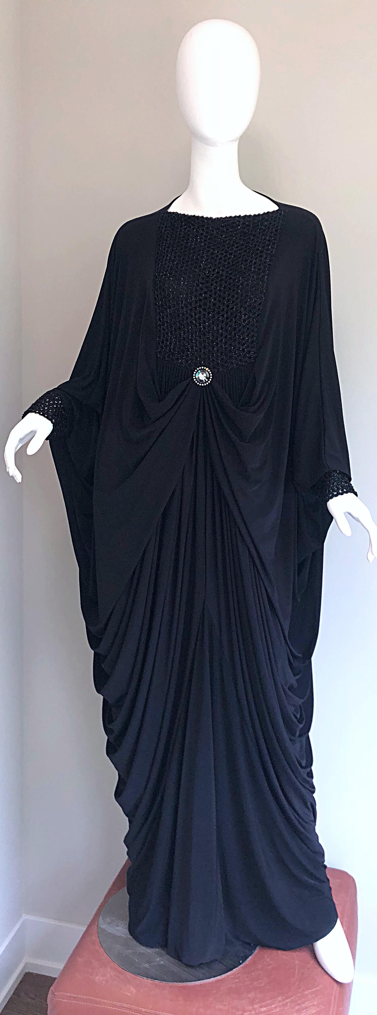 Amazing 1970s Black Jersey Metallic Grecian Vintage 70s Caftan Maxi Dress 11