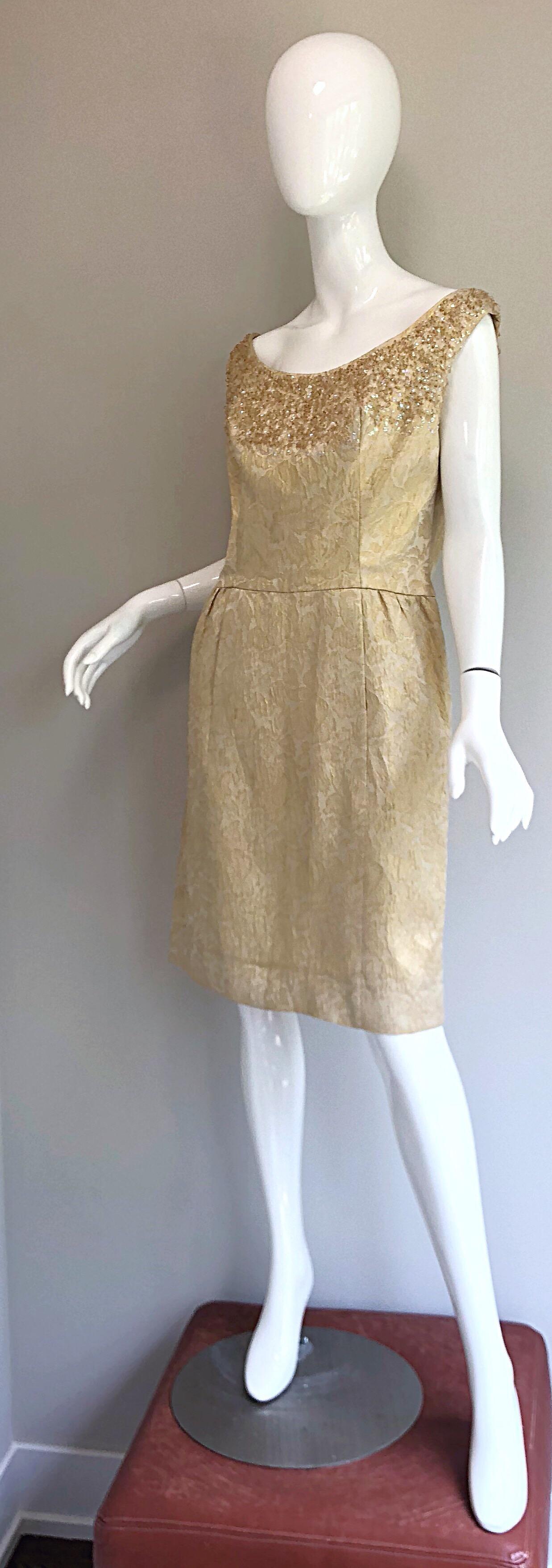 Pretty 1950s Size 12 / 14 Gold Silk Brocade Sequined Vintage 50s Cocktail Dress 1