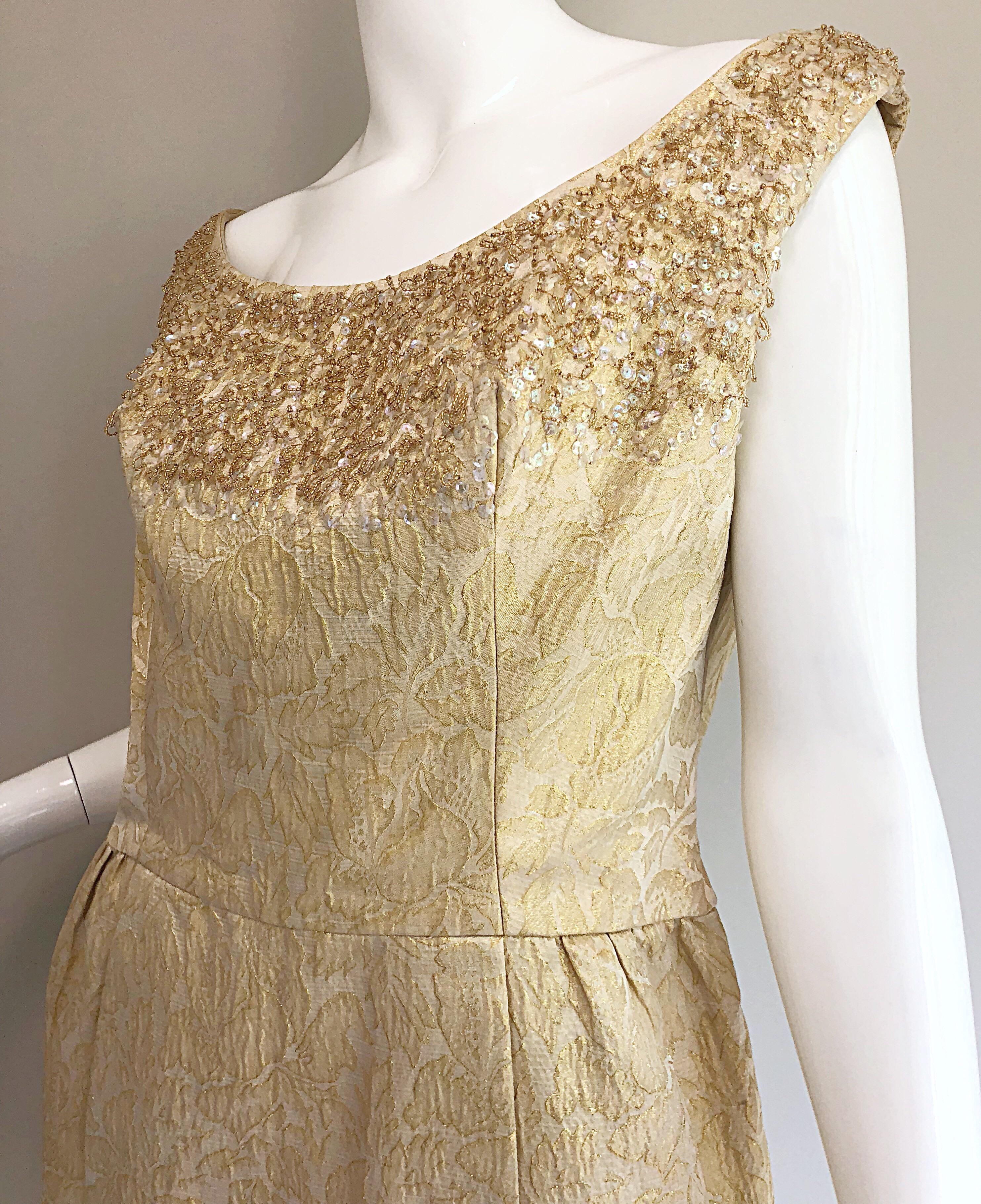 Pretty 1950s Size 12 / 14 Gold Silk Brocade Sequined Vintage 50s Cocktail Dress 3