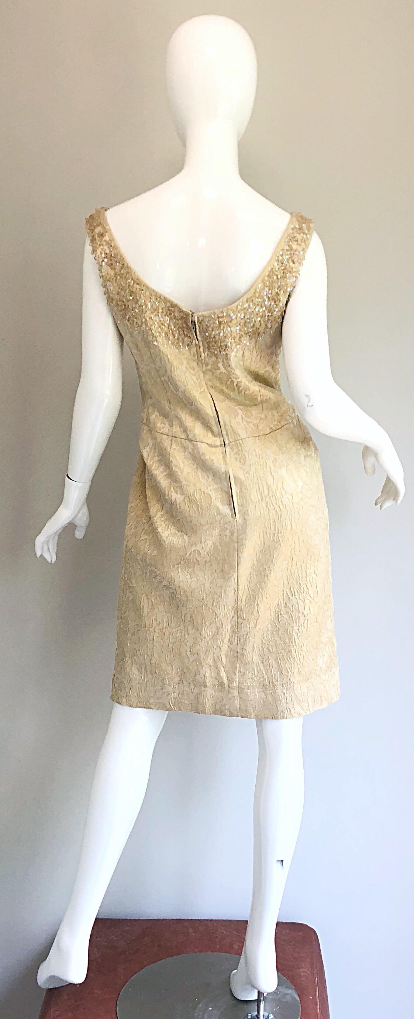 Pretty 1950s Size 12 / 14 Gold Silk Brocade Sequined Vintage 50s Cocktail Dress 2