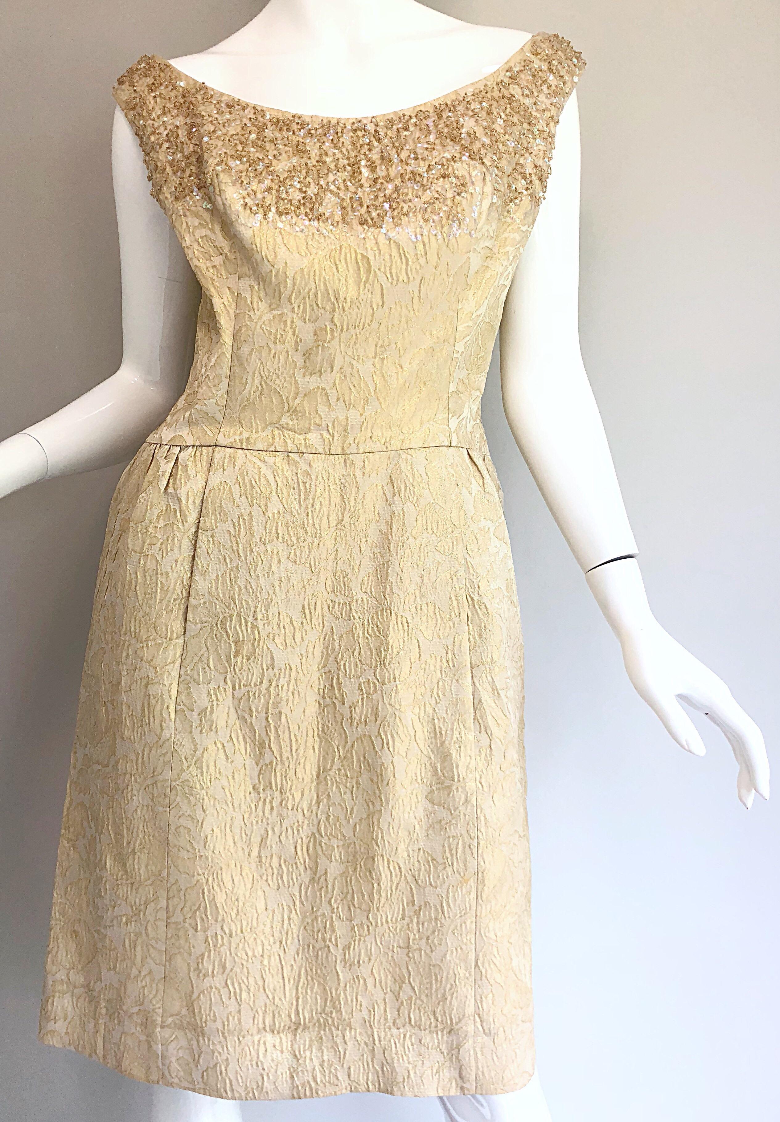 Pretty 1950s Size 12 / 14 Gold Silk Brocade Sequined Vintage 50s Cocktail Dress 6