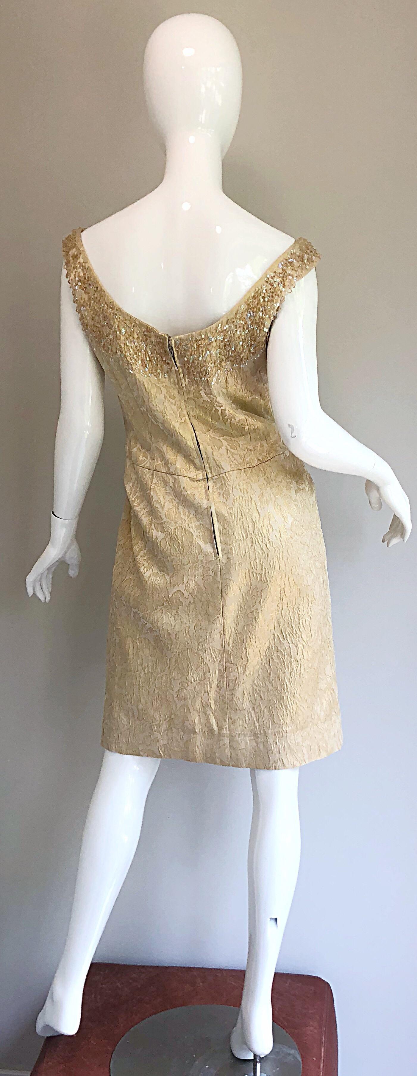 Pretty 1950s Size 12 / 14 Gold Silk Brocade Sequined Vintage 50s Cocktail Dress 7