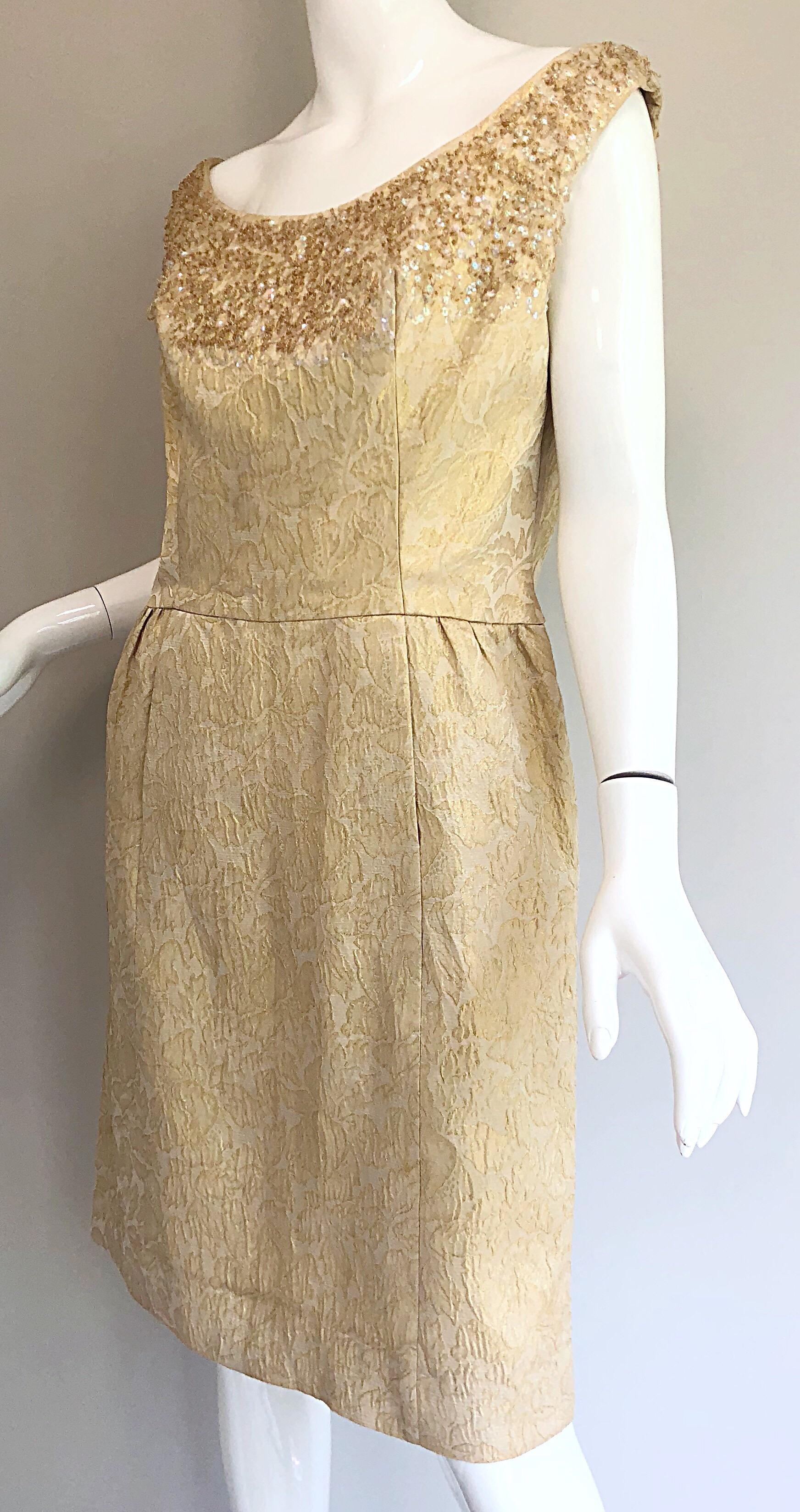 Pretty 1950s Size 12 / 14 Gold Silk Brocade Sequined Vintage 50s Cocktail Dress 8