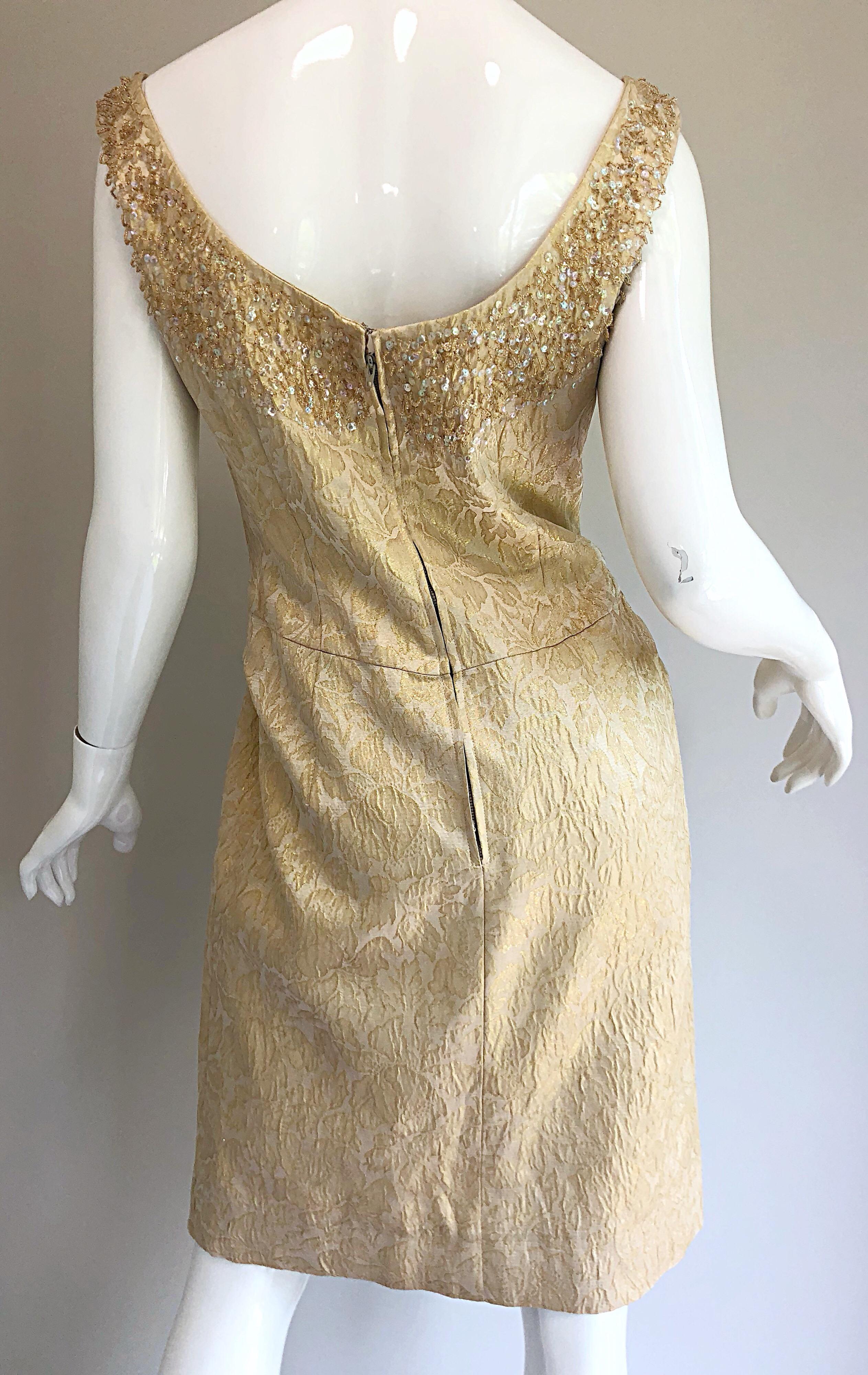 Pretty 1950s Size 12 / 14 Gold Silk Brocade Sequined Vintage 50s Cocktail Dress 9