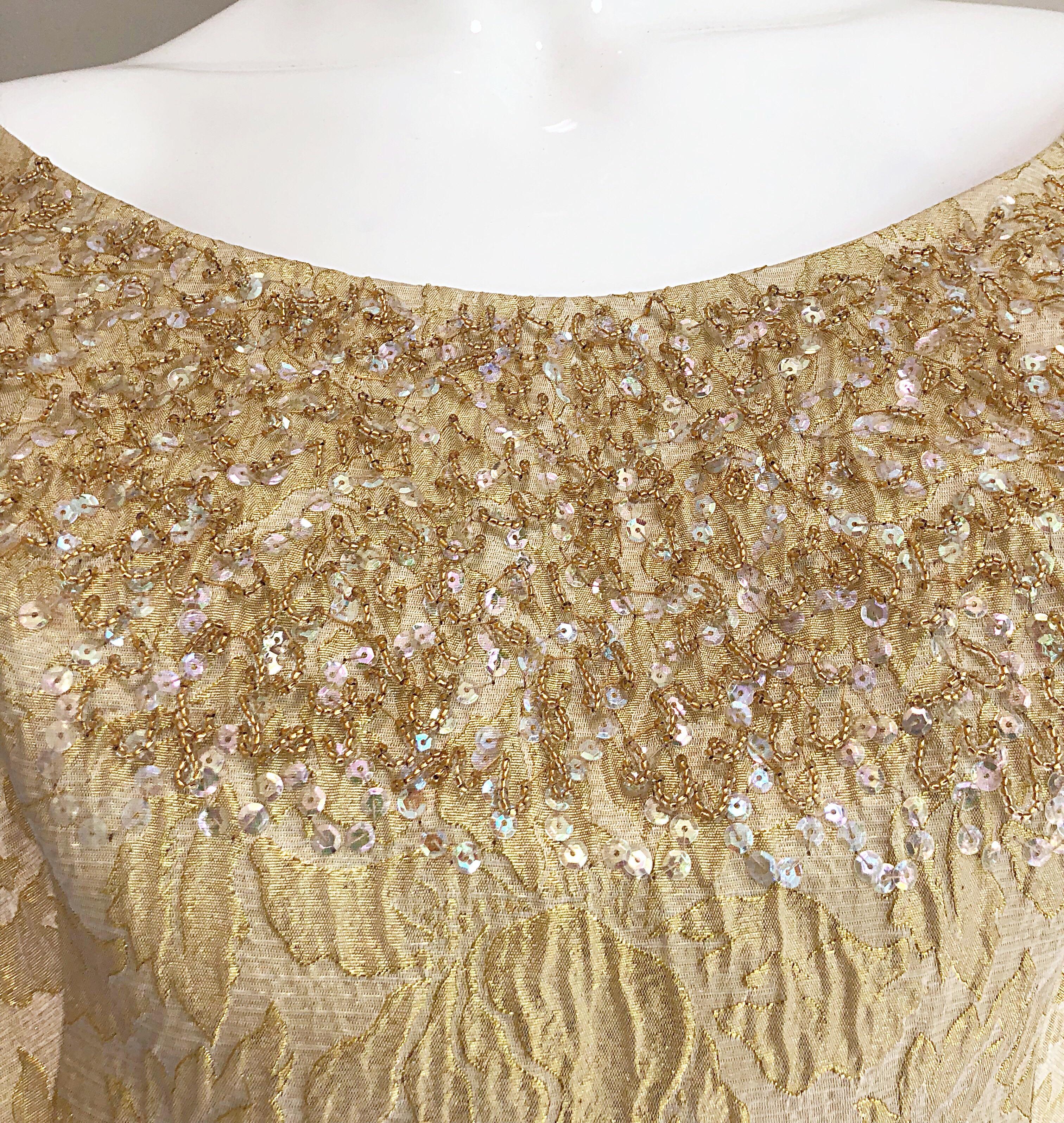 Pretty 1950s Size 12 / 14 Gold Silk Brocade Sequined Vintage 50s Cocktail Dress 10