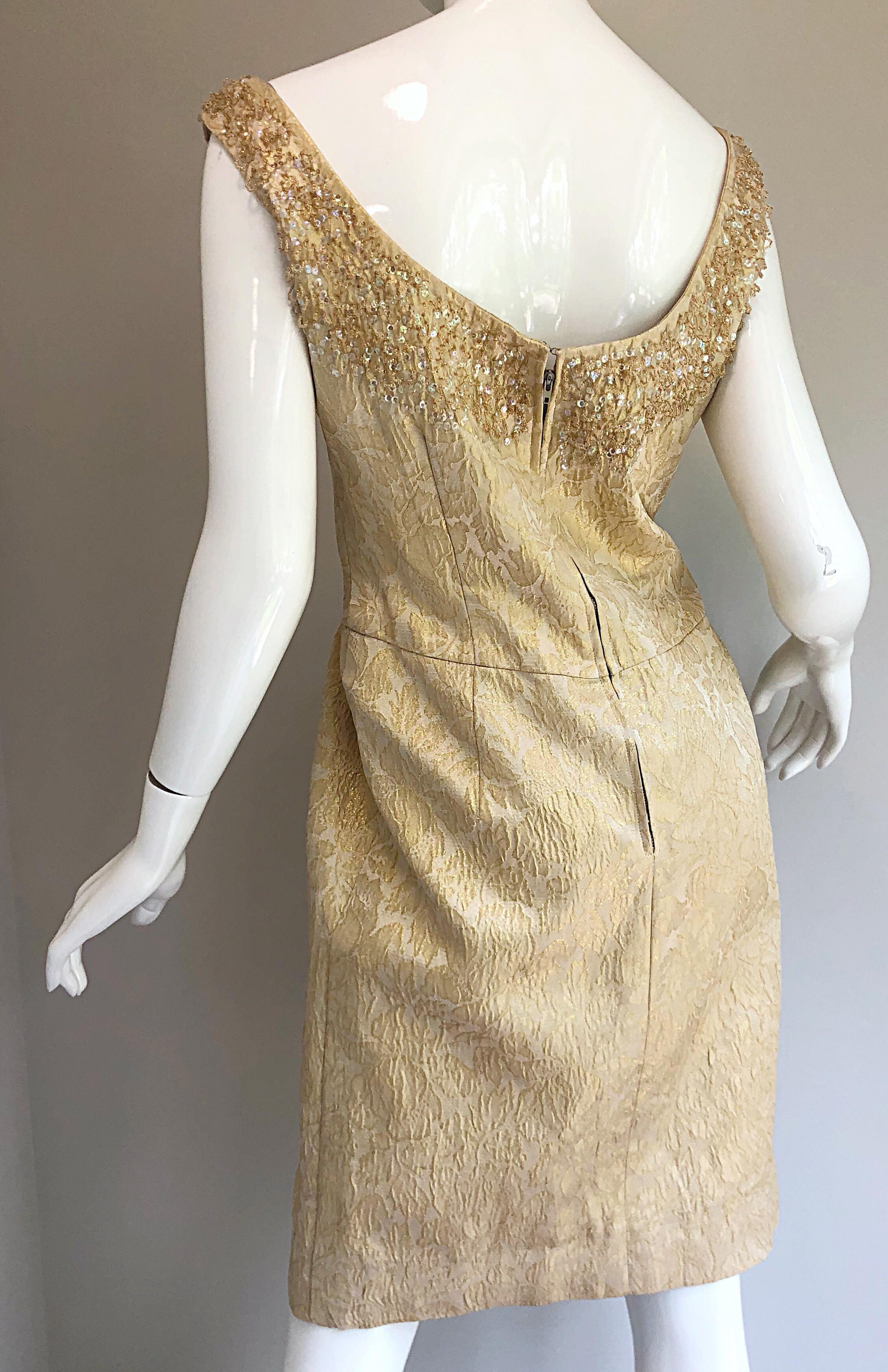 Pretty 1950s Size 12 / 14 Gold Silk Brocade Sequined Vintage 50s Cocktail Dress 11