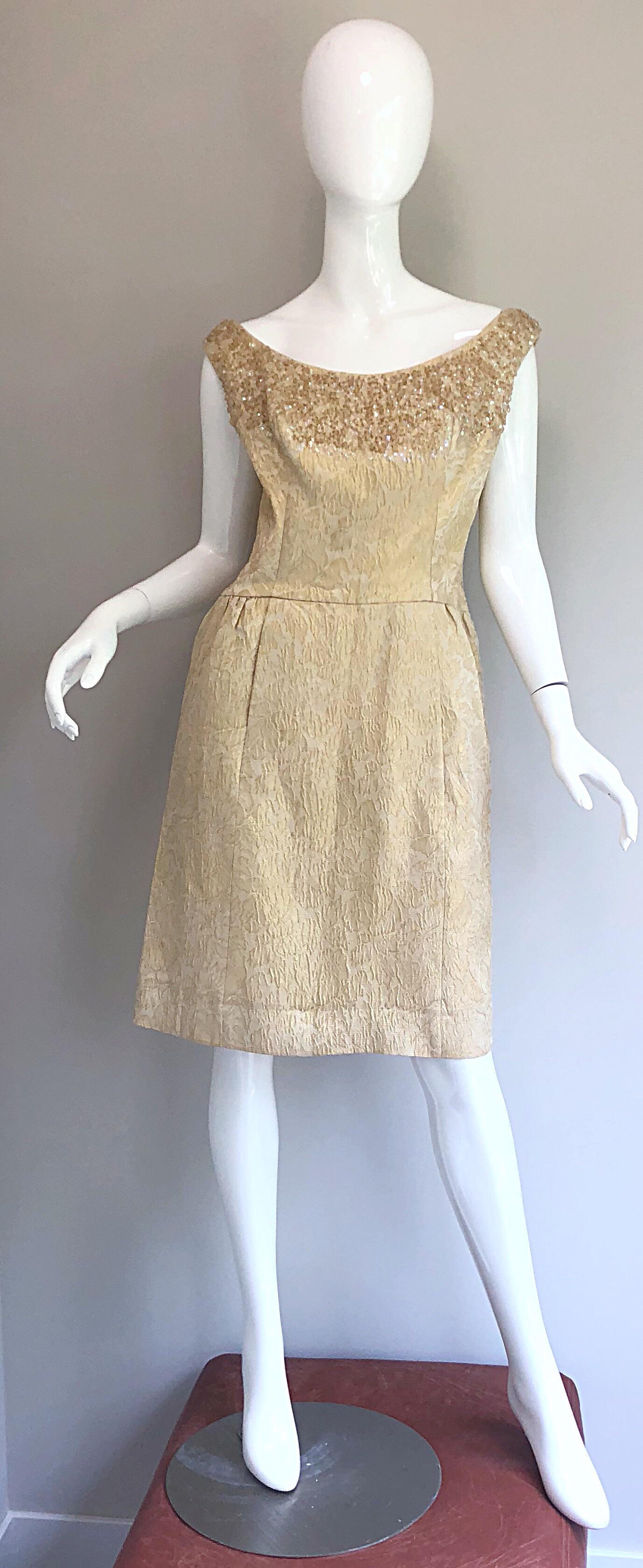 Pretty 1950s Size 12 / 14 Gold Silk Brocade Sequined Vintage 50s Cocktail Dress 12