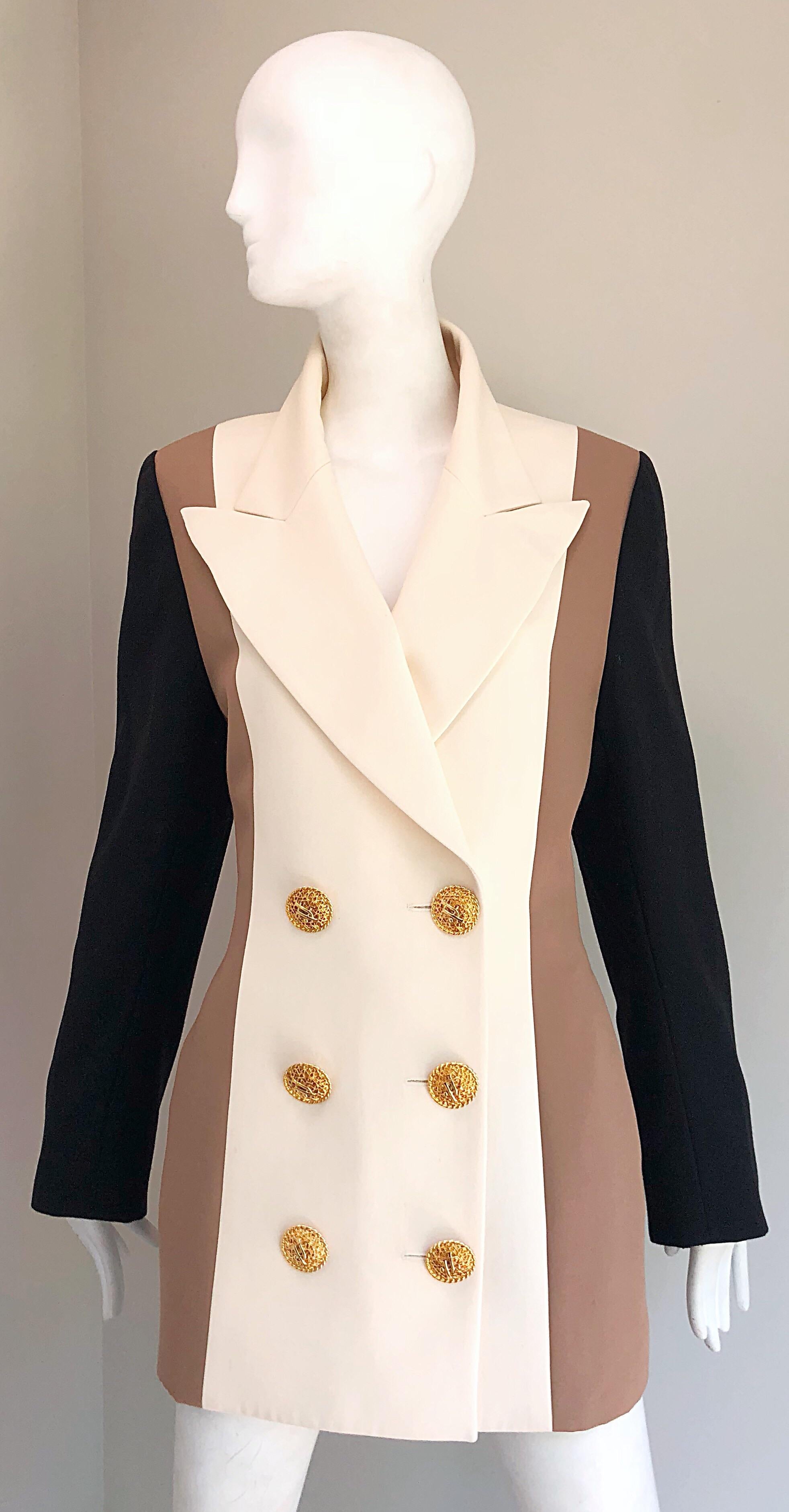 Chic vintage JACQUES FATH Couture ivory, taupe, and black double breasted color blocked blazer jacket! Features an ivory center, with taupe side panels, and black sleeves. With a matching back. Large gold 'JF' embossed buttons down the front and at