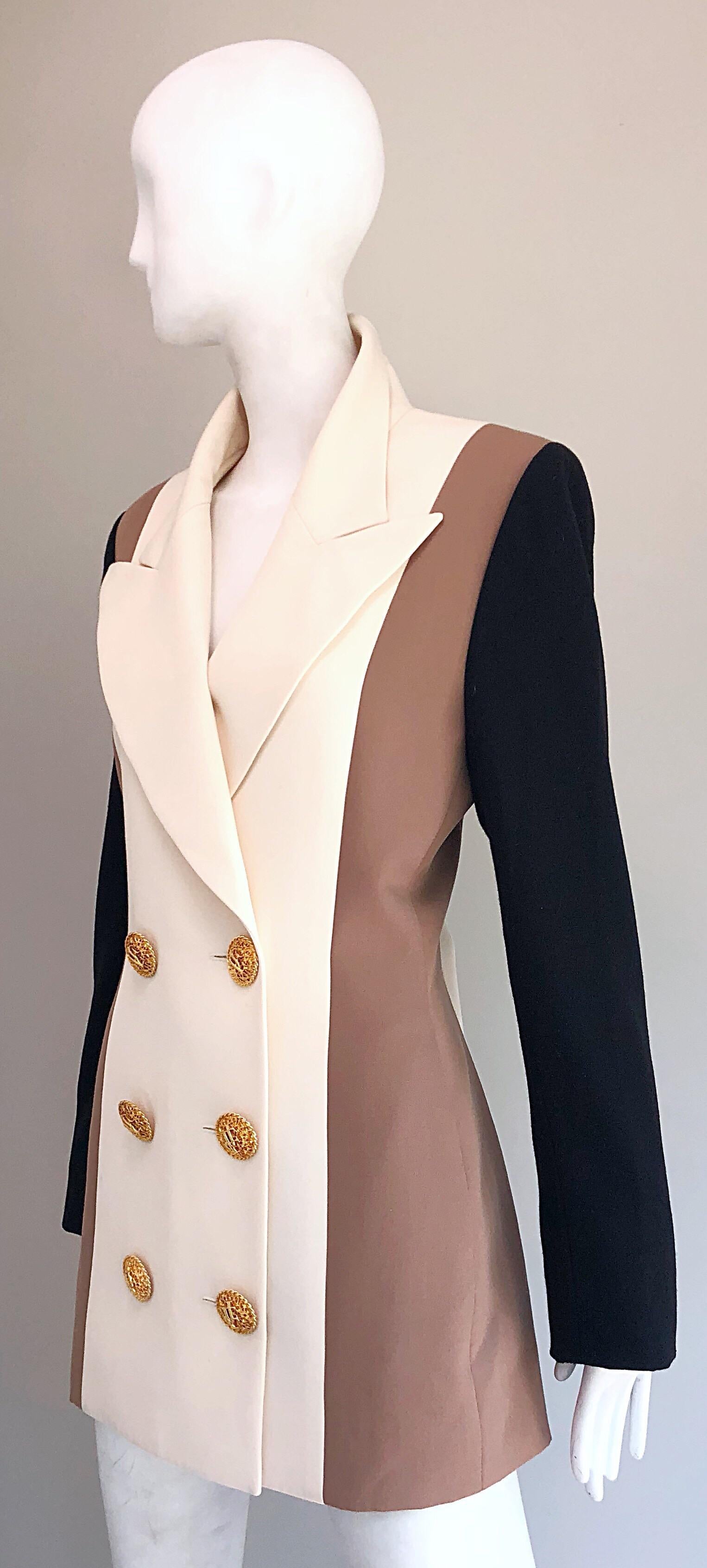 Vintage Jacques Fath Couture Ivory Taupe Black Color Block Double Breast Blazer In Excellent Condition In San Diego, CA