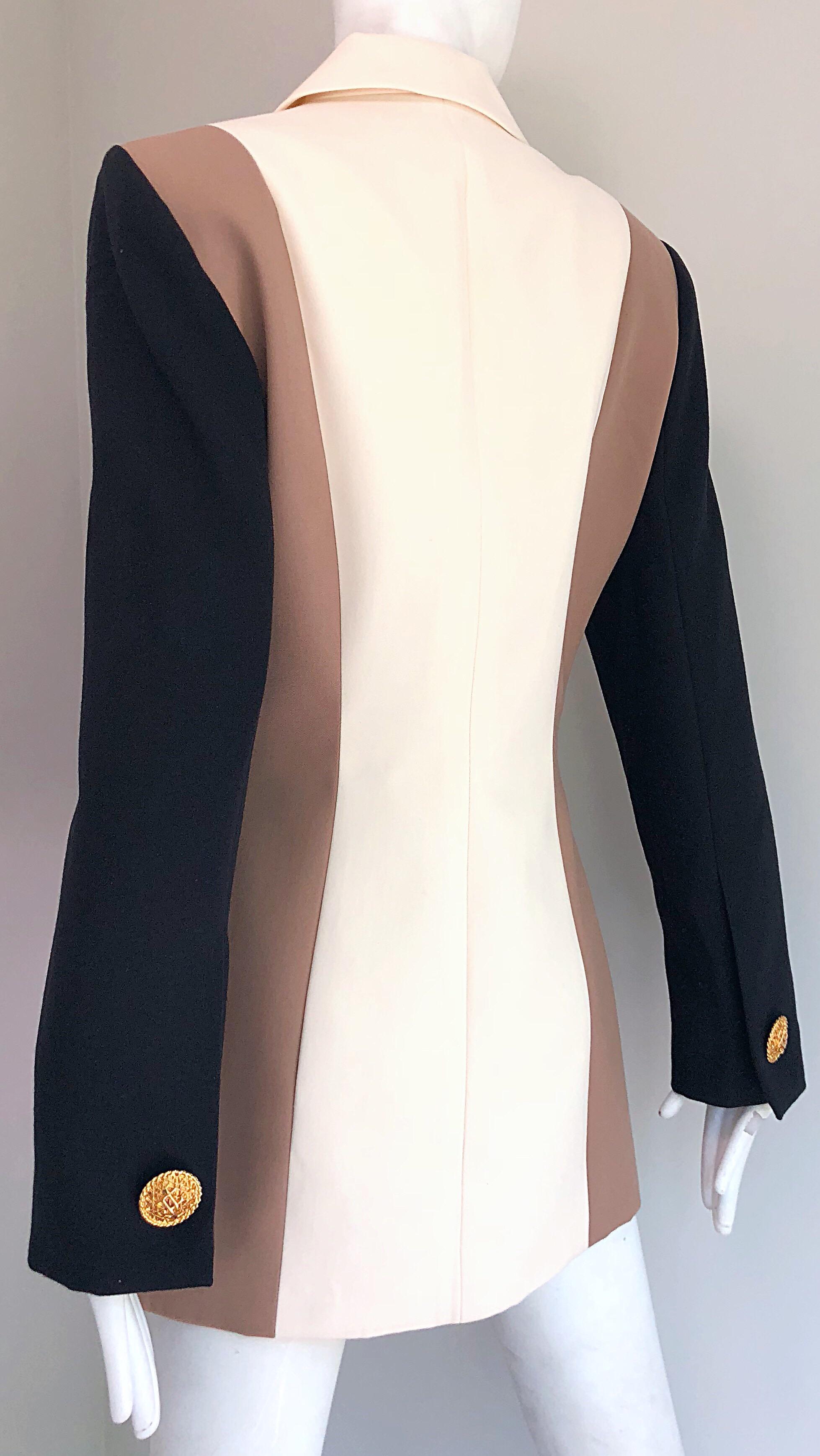 Women's Vintage Jacques Fath Couture Ivory Taupe Black Color Block Double Breast Blazer