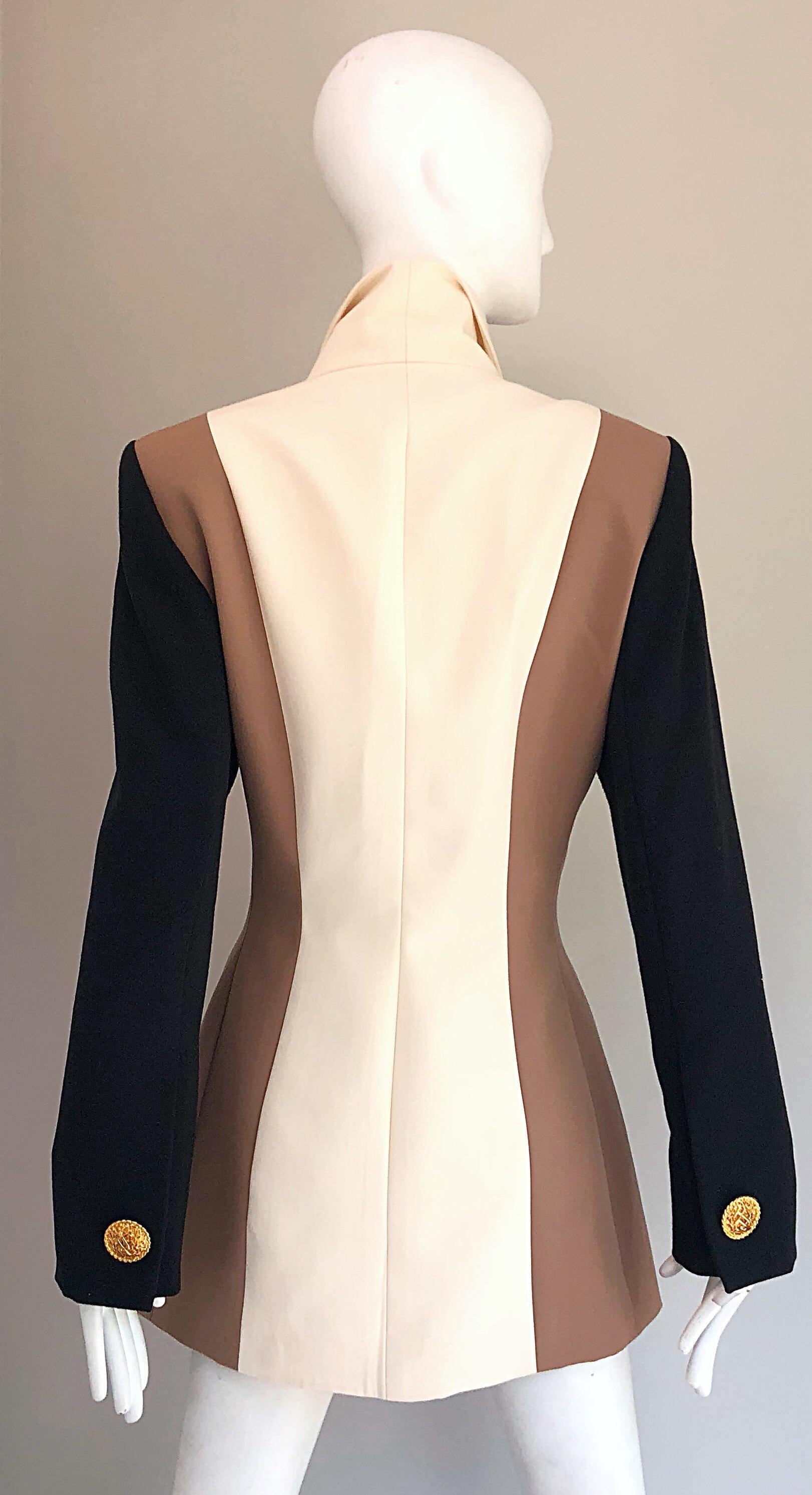 White Vintage Jacques Fath Couture Ivory Taupe Black Color Block Double Breast Blazer
