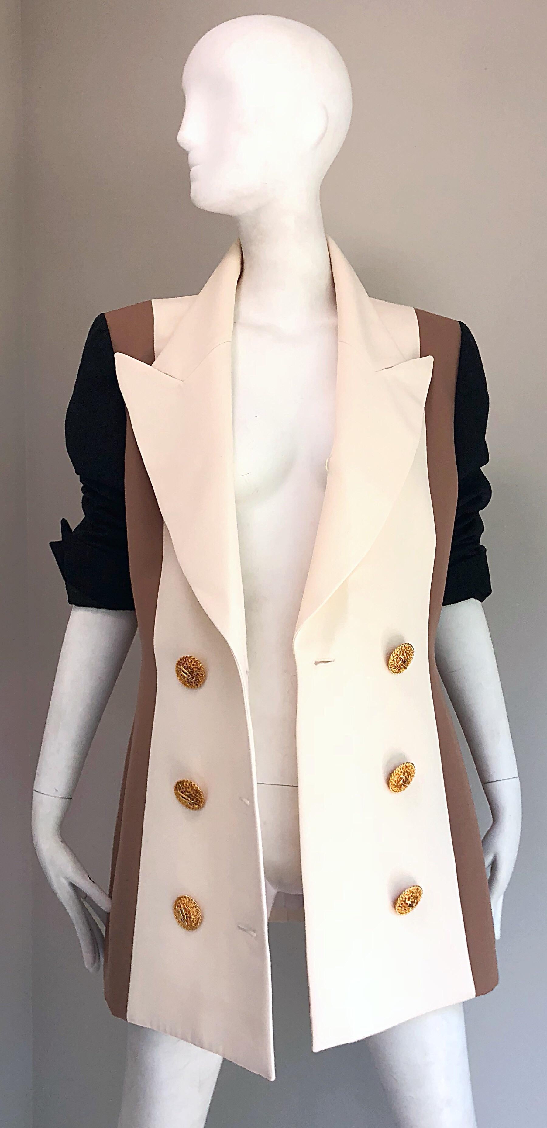 Vintage Jacques Fath Couture Ivory Taupe Black Color Block Double Breast Blazer 1