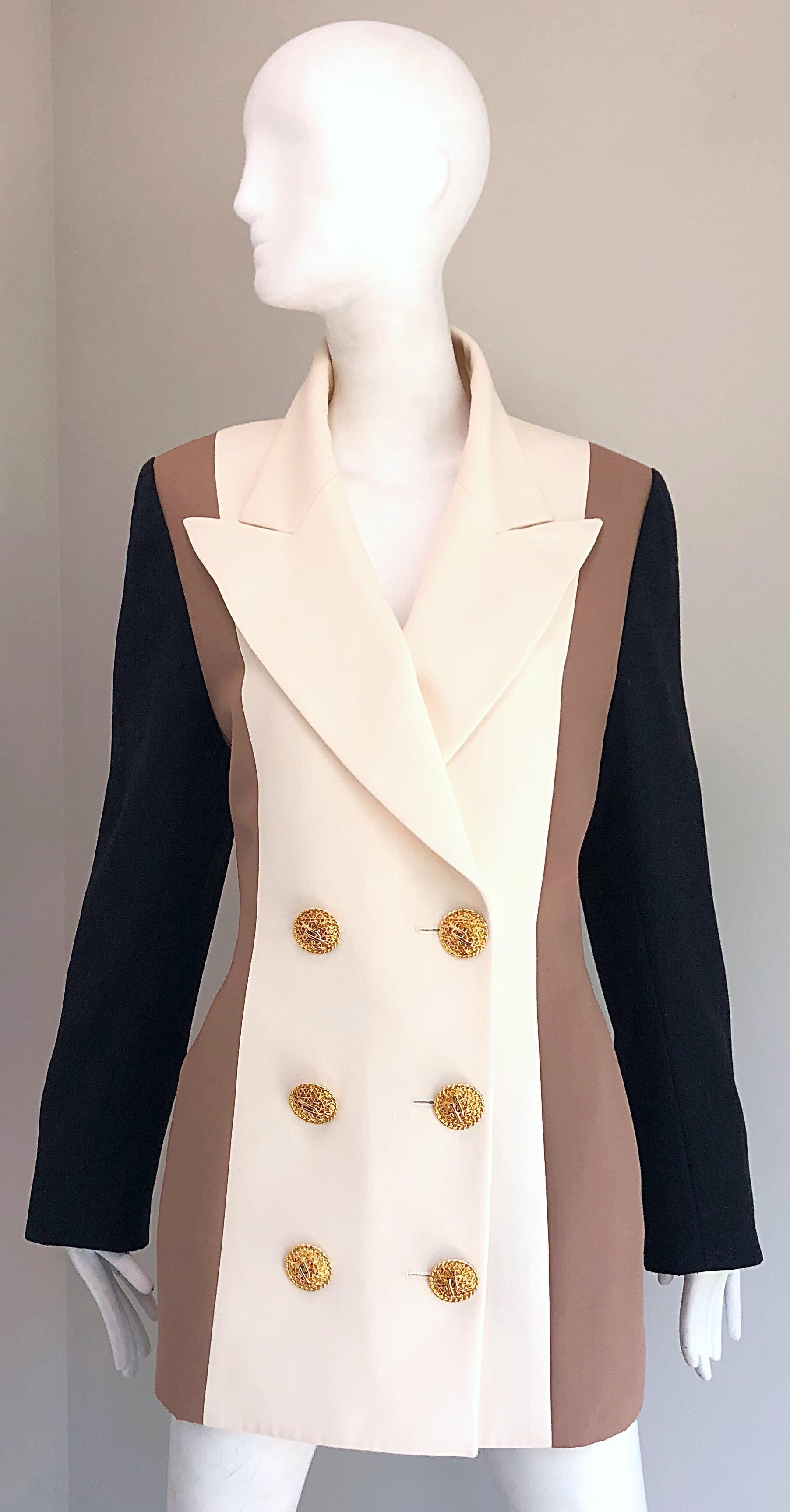 Vintage Jacques Fath Couture Ivory Taupe Black Color Block Double Breast Blazer 3