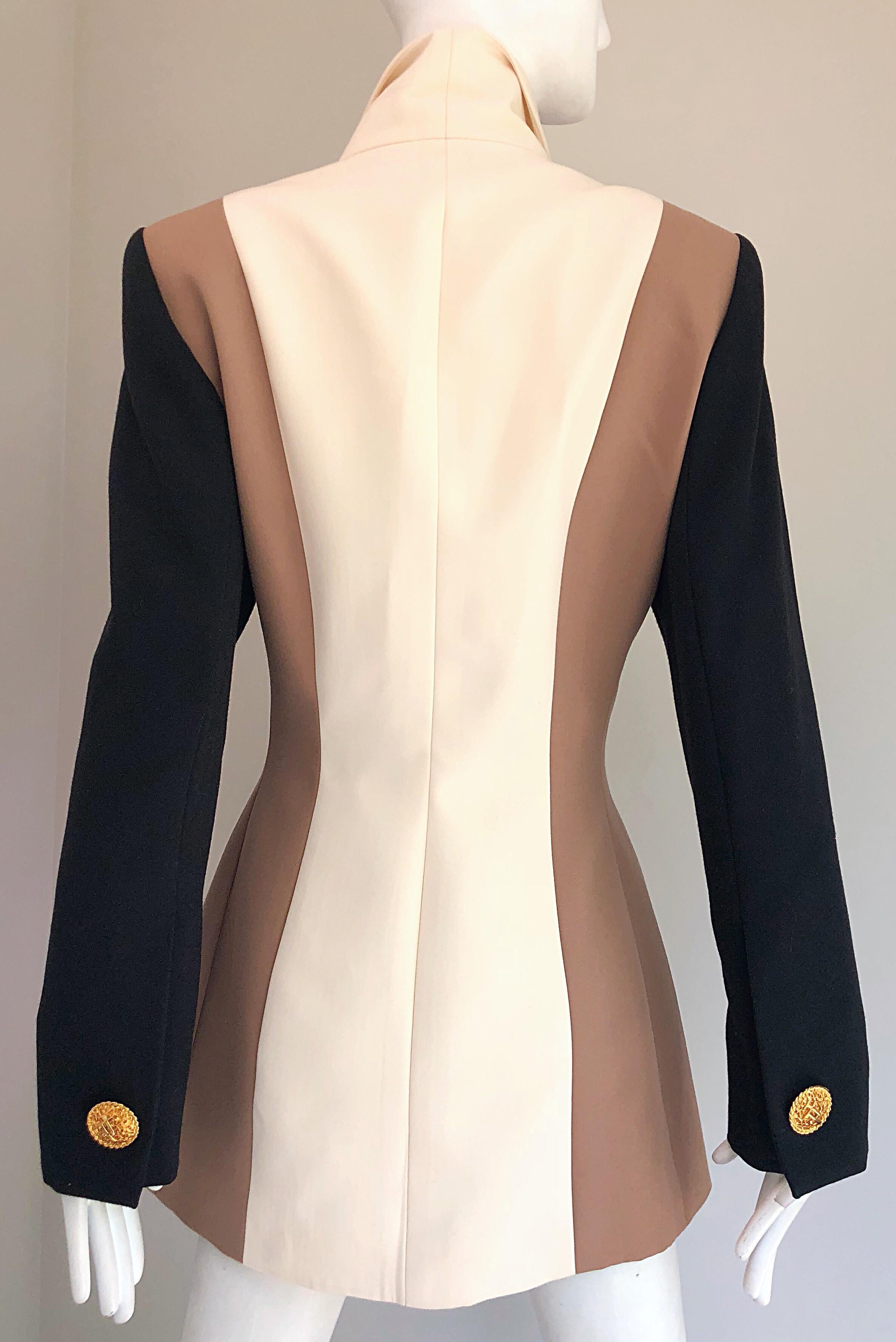 Vintage Jacques Fath Couture Ivory Taupe Black Color Block Double Breast Blazer 5