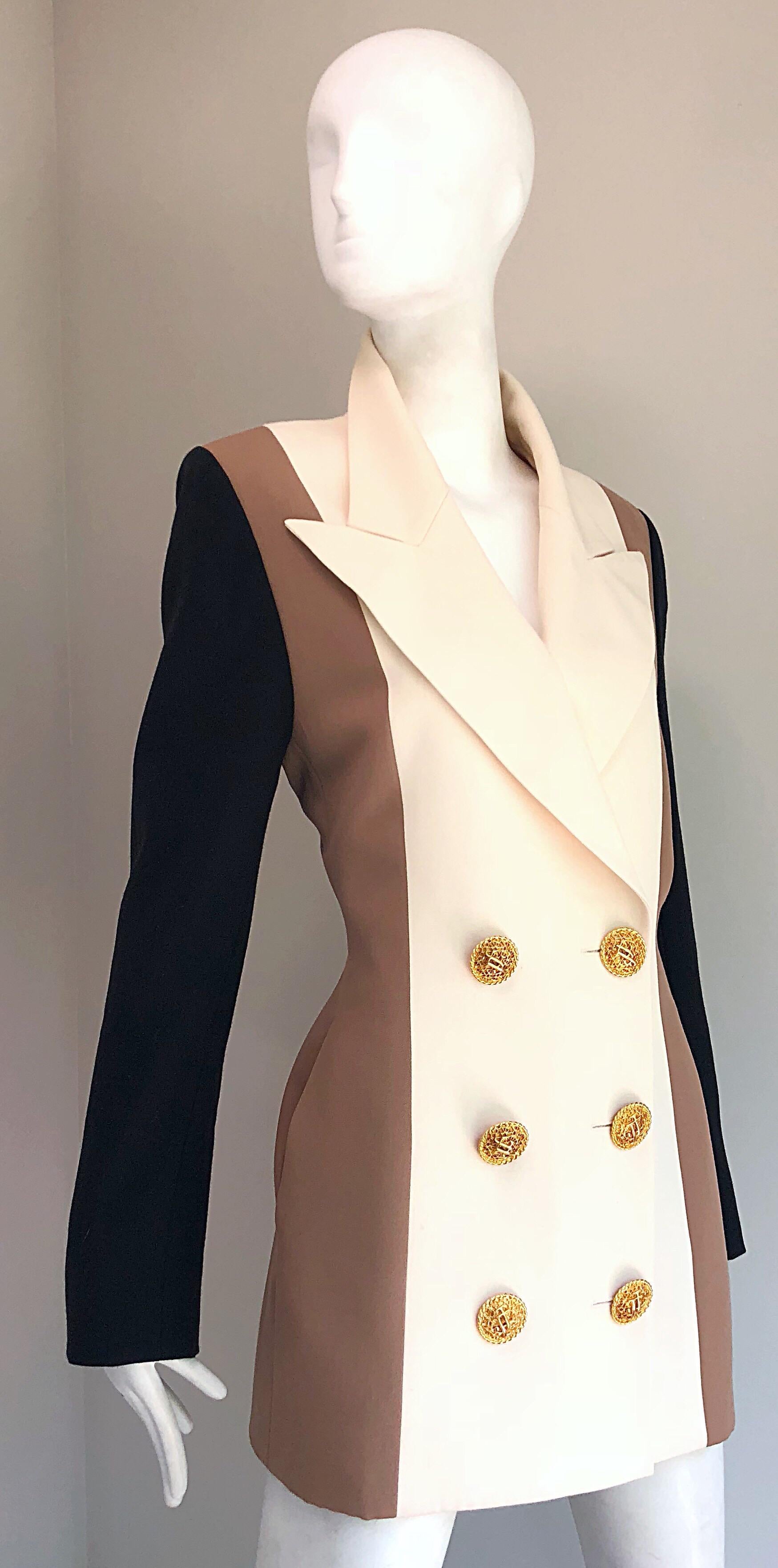 Vintage Jacques Fath Couture Ivory Taupe Black Color Block Double Breast Blazer 6