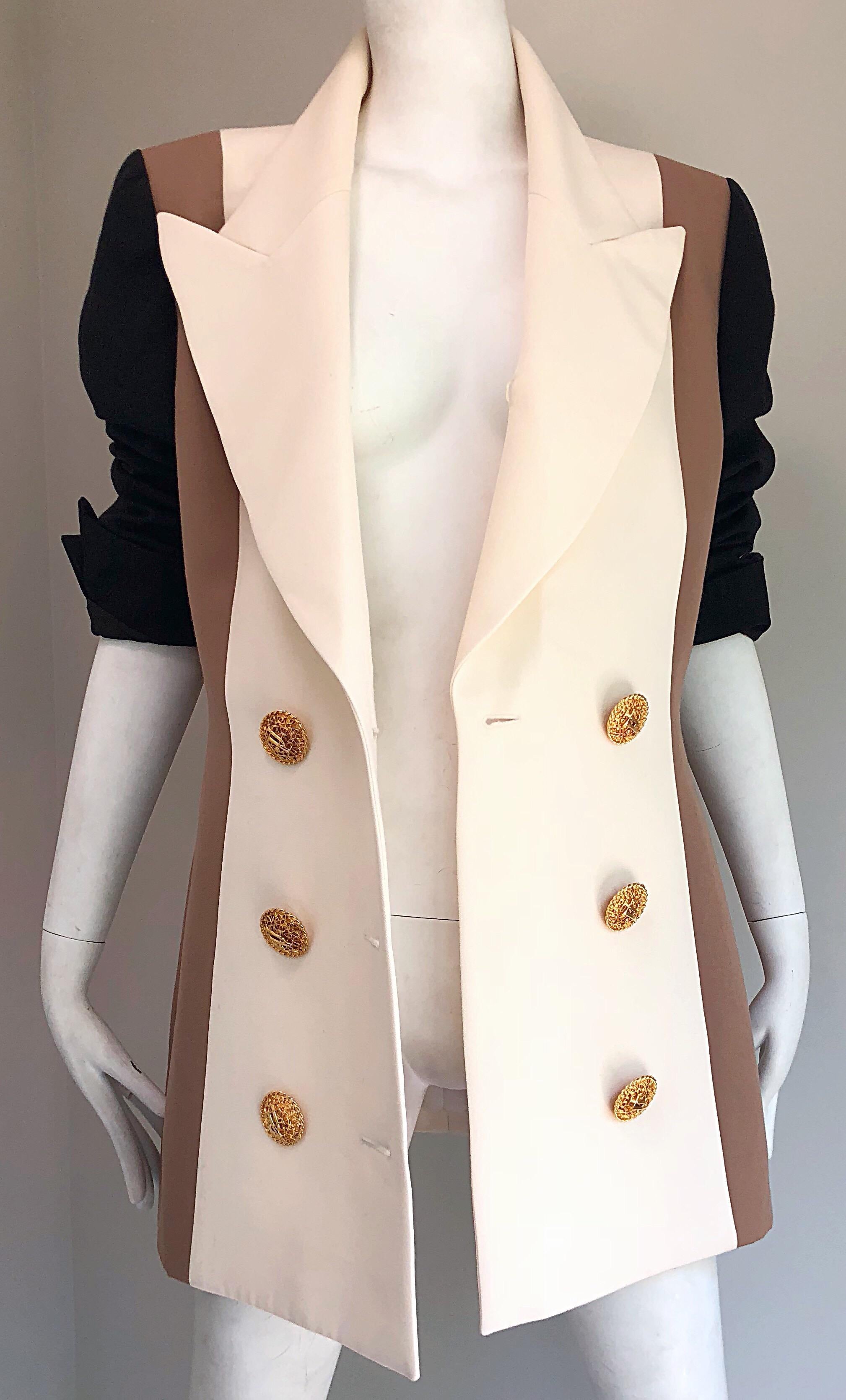Vintage Jacques Fath Couture Ivory Taupe Black Color Block Double Breast Blazer 7
