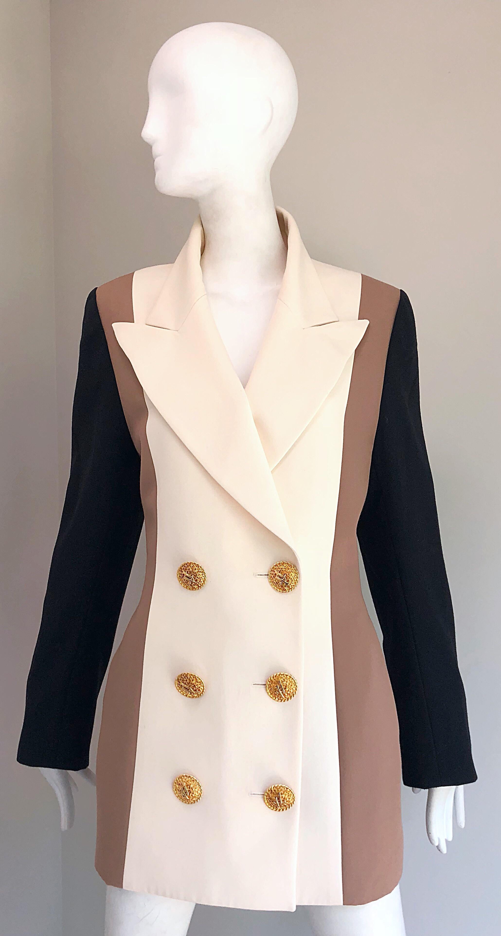 Vintage Jacques Fath Couture Ivory Taupe Black Color Block Double Breast Blazer 9