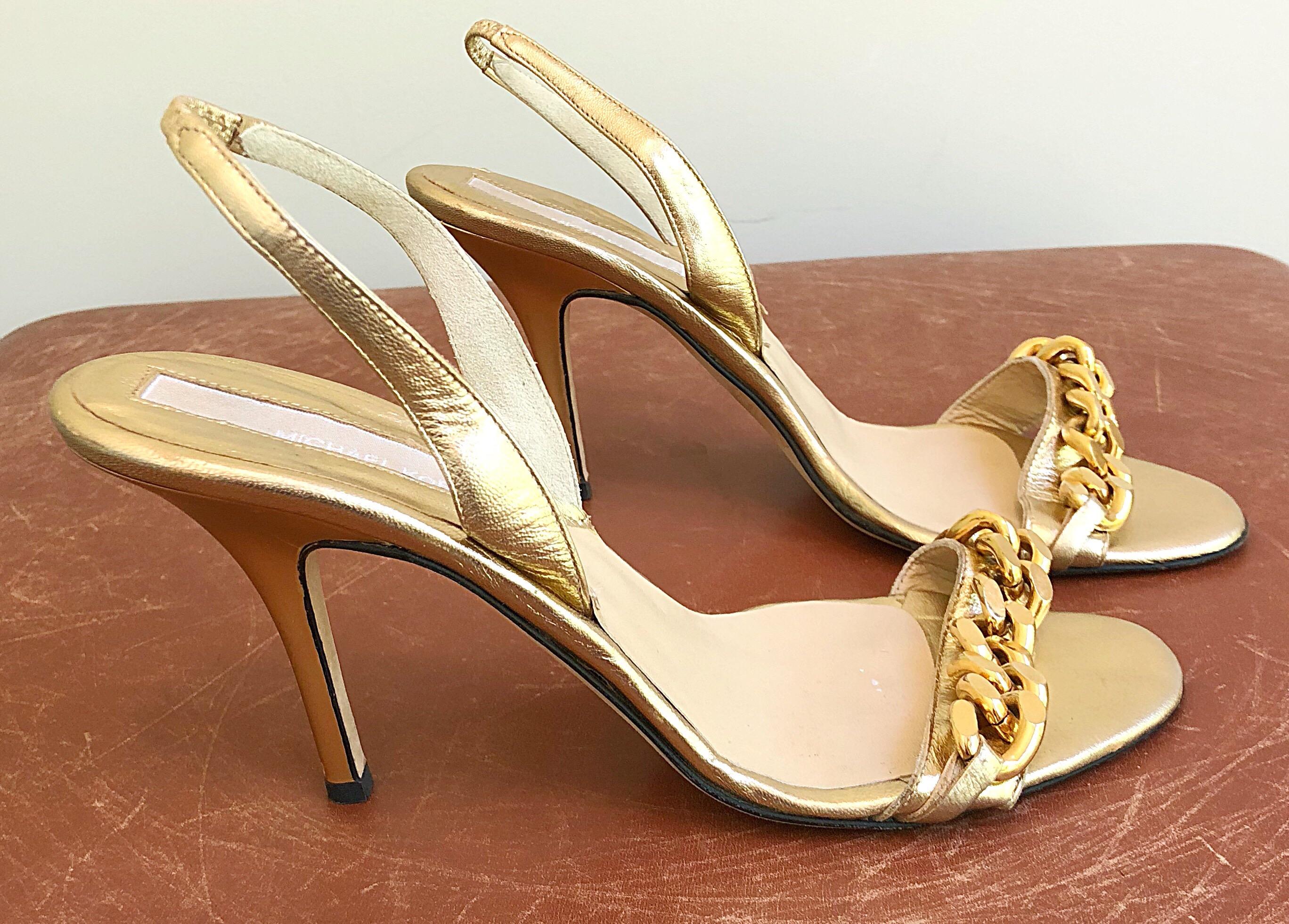 Michael Kors Collection Sandales/Chaussures à talons hauts en cuir doré à maillons en chaîne, Taille 8 Excellent état - En vente à San Diego, CA