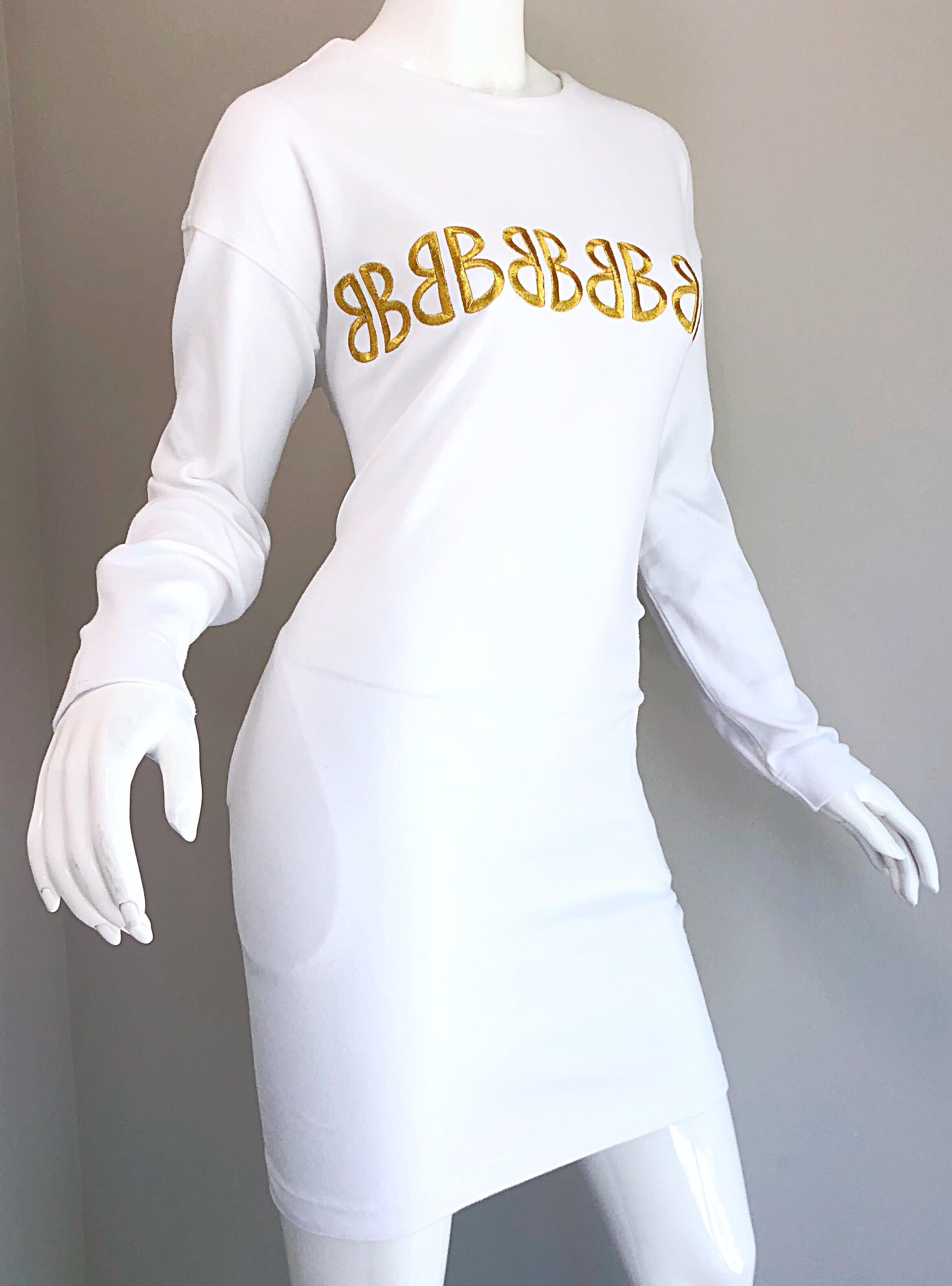 1990s Bill Blass Logo Mania White + Gold Vintage 90s Sweatshirt Dress Medium For Sale 1