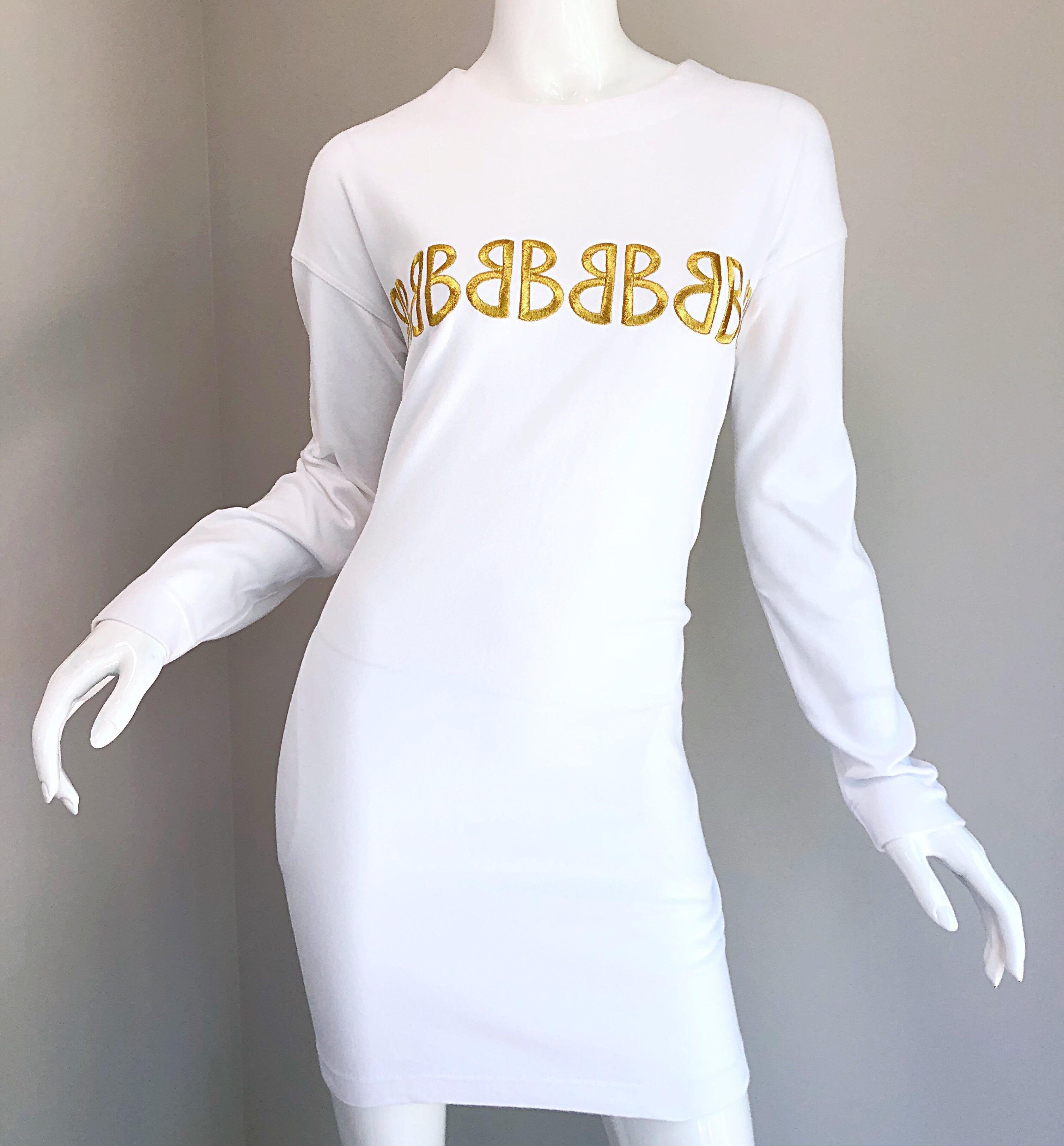 1990s Bill Blass Logo Mania White + Gold Vintage 90s Sweatshirt Dress Medium For Sale 4