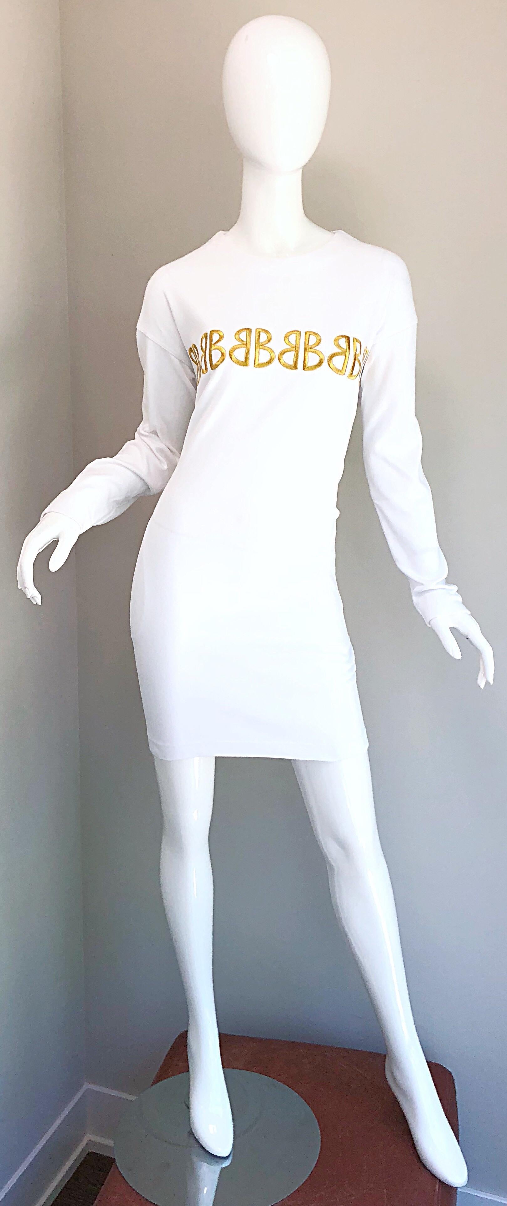 1990s Bill Blass Logo Mania White + Gold Vintage 90s Sweatshirt Dress Medium For Sale 5