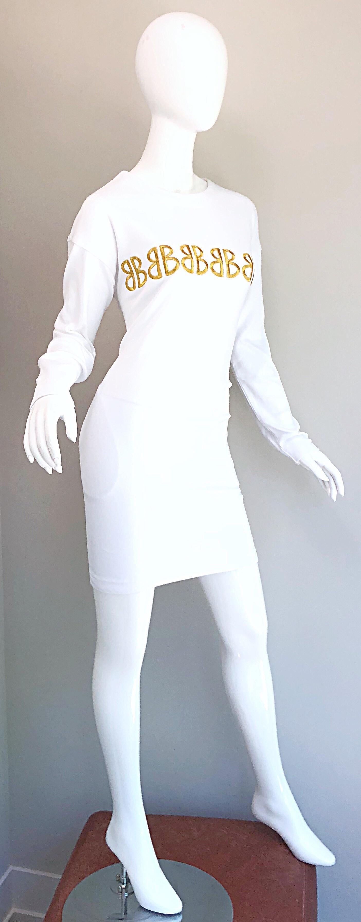 1990s Bill Blass Logo Mania White + Gold Vintage 90s Sweatshirt Dress Medium For Sale 8