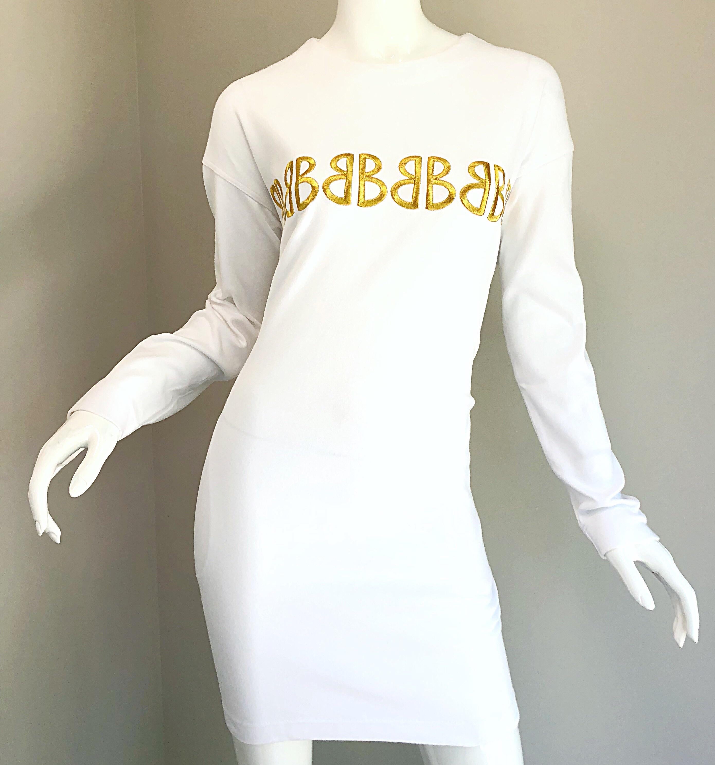 1990s Bill Blass Logo Mania White + Gold Vintage 90s Sweatshirt Dress Medium For Sale 9