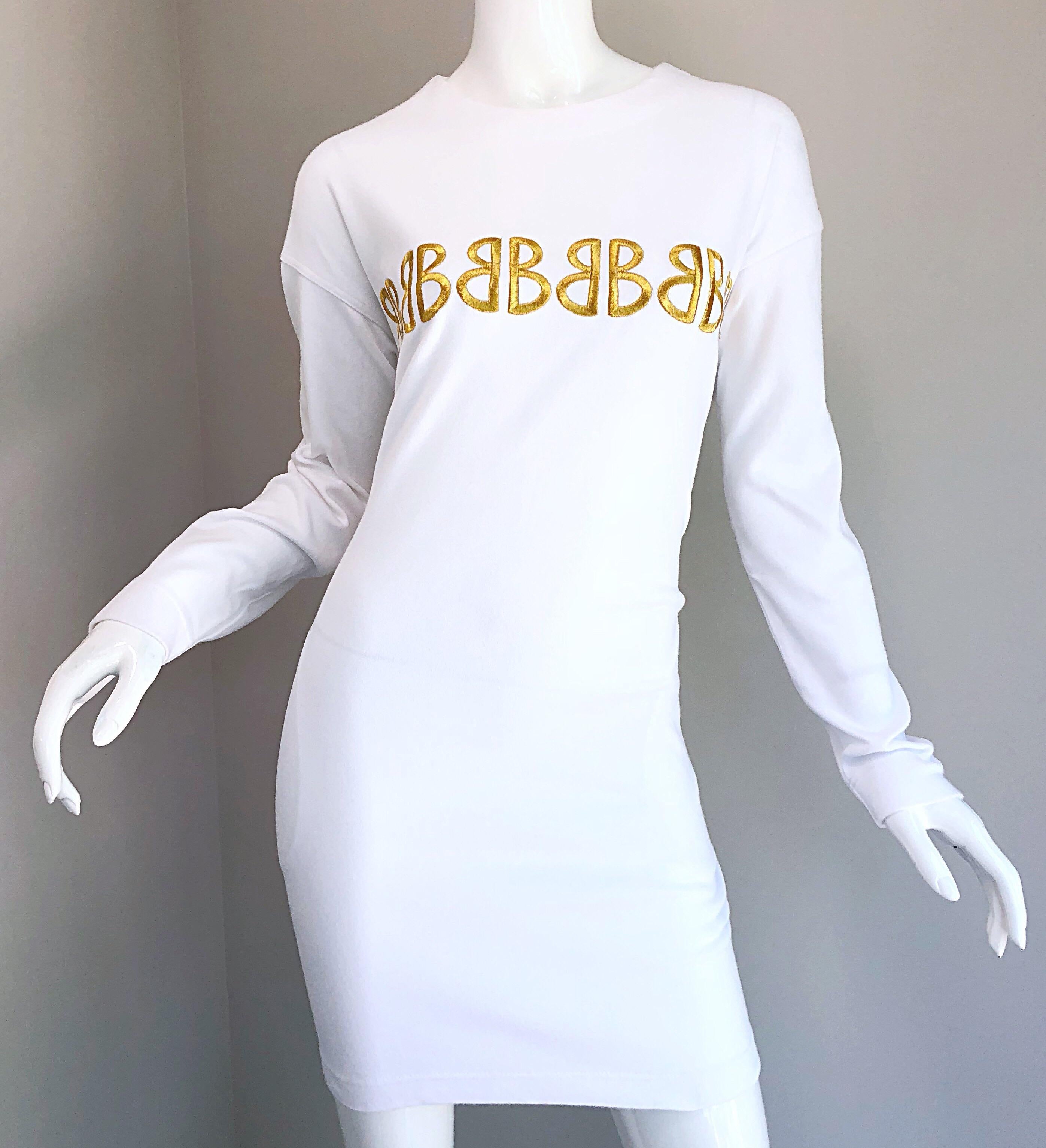 1990s Bill Blass Logo Mania White + Gold Vintage 90s Sweatshirt Dress Medium For Sale 10