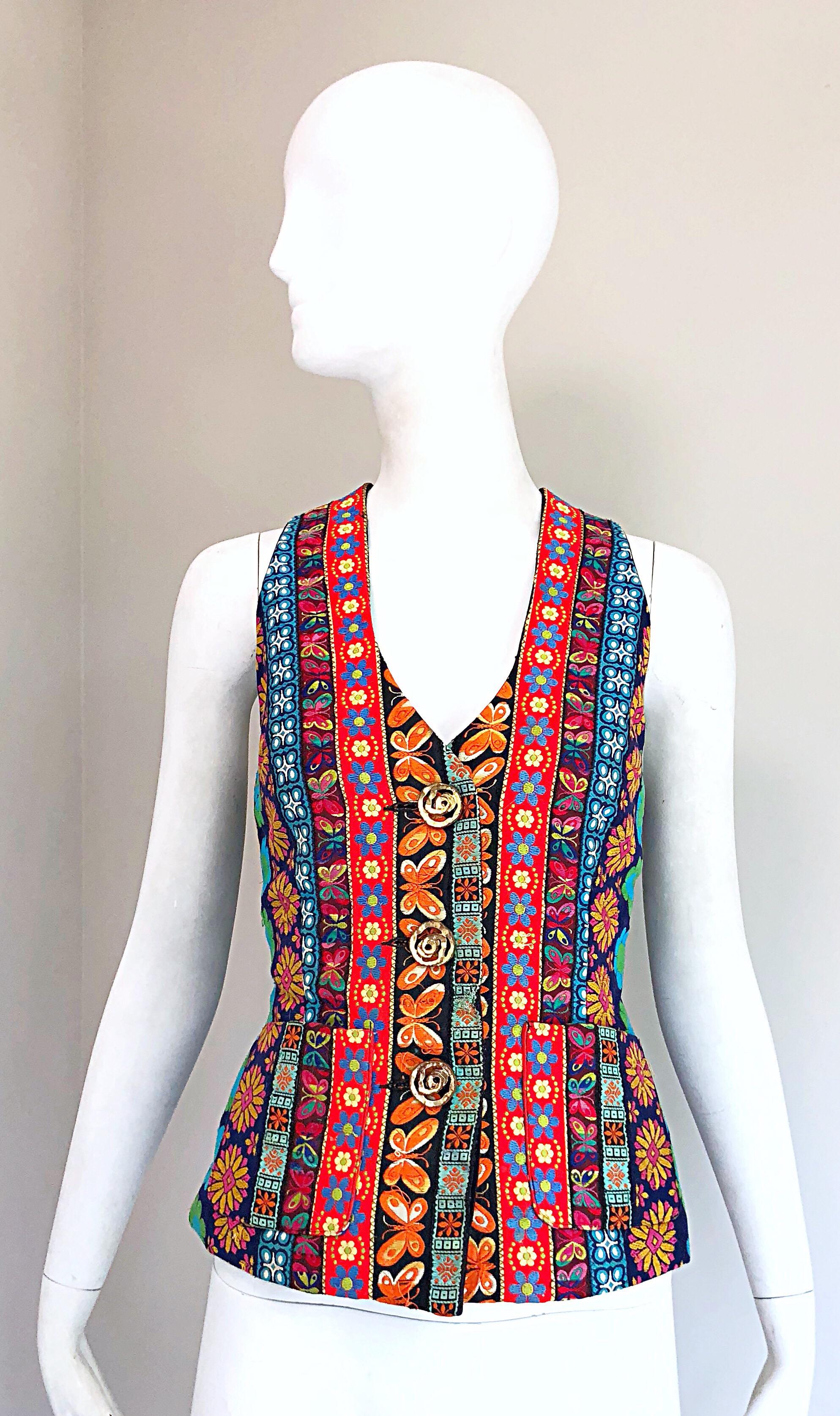Rare 90s TODD OLDHAM boho hippie chic butterflies + flowers embroidered silk waist coat / vest! Tons of intricate hand embroidery throughout. Large hammered gold abstract metal buttons up the front. Pocket at each side of the waist. Ties on back