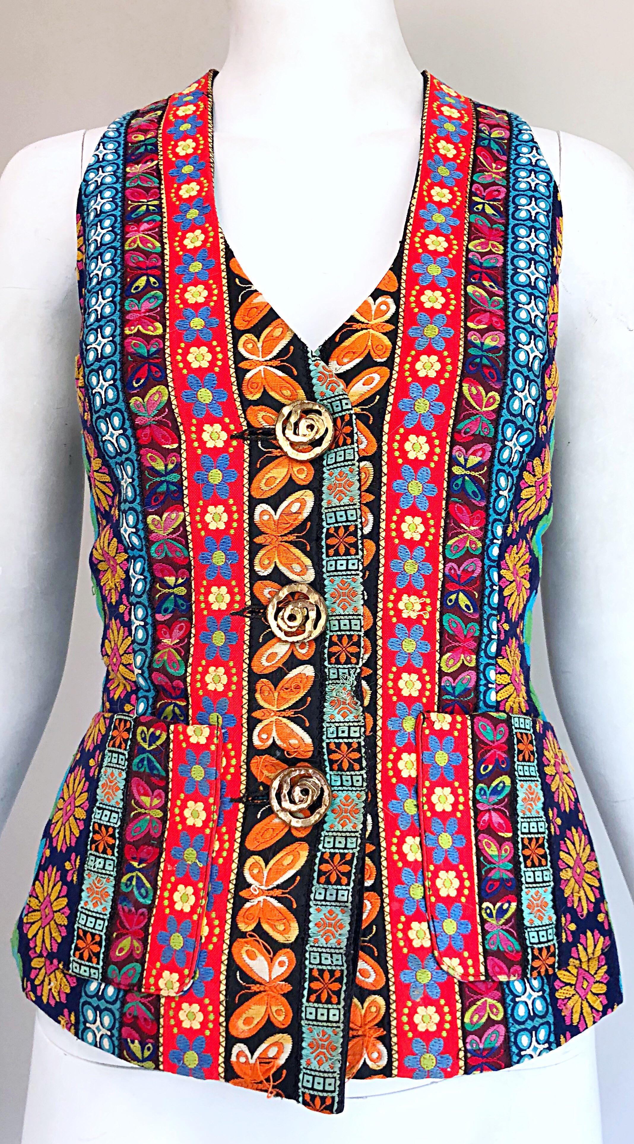 Women's 1990s Todd Oldham Butterfly + Flowers Embroidered Vintage 90s Waistcoat Vest For Sale