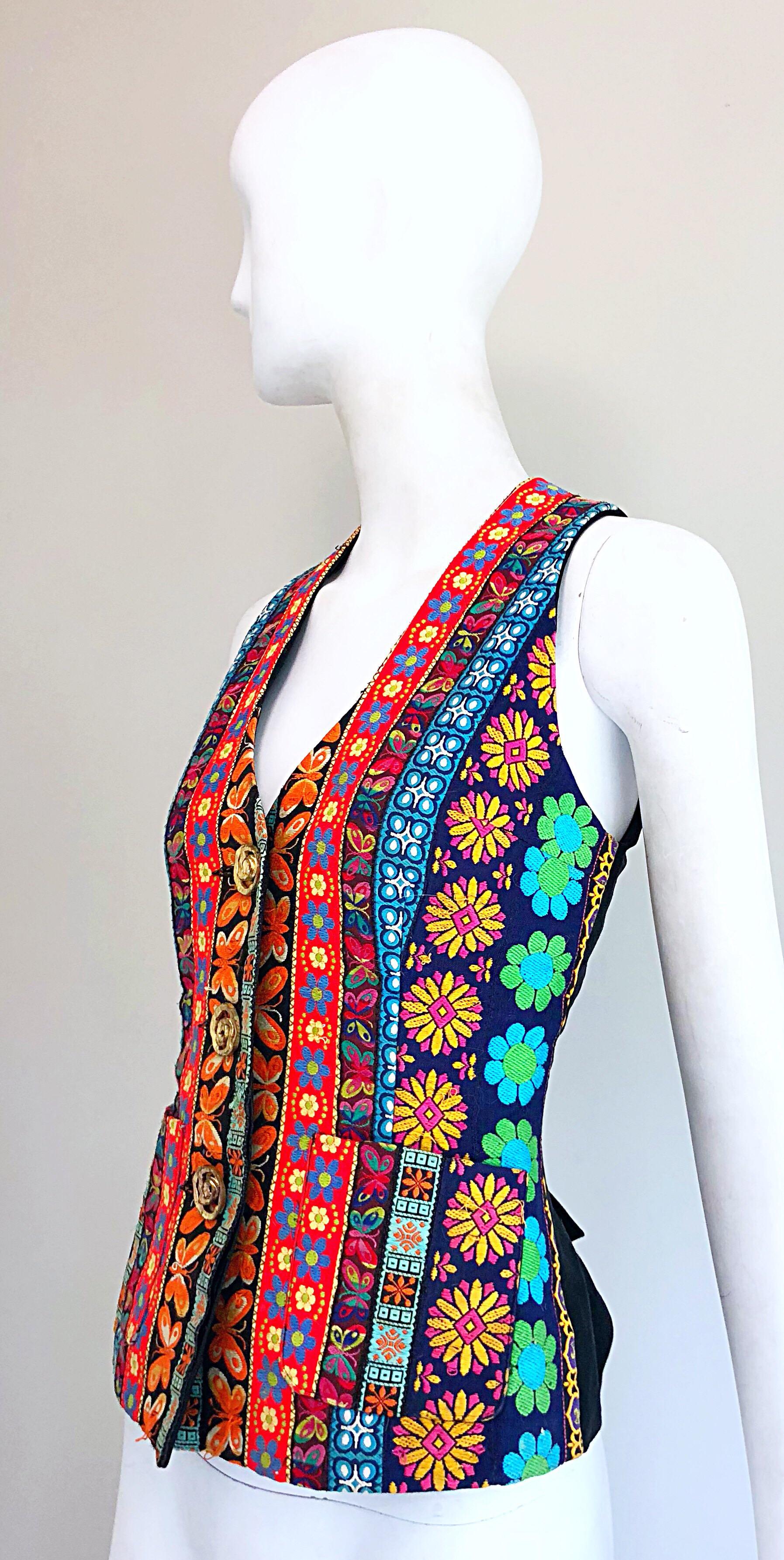 1990s Todd Oldham Butterfly + Flowers Embroidered Vintage 90s Waistcoat Vest For Sale 2