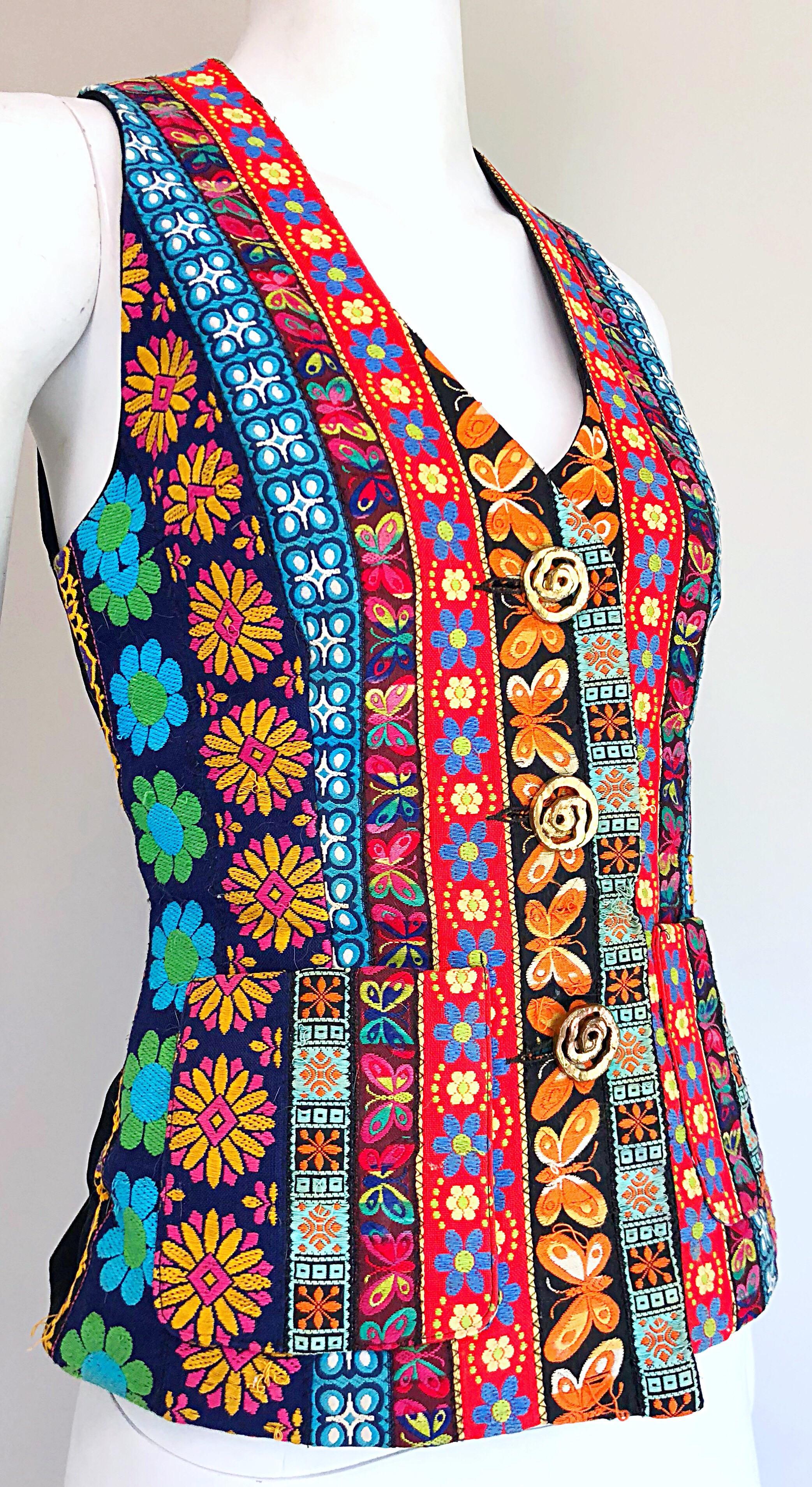1990s Todd Oldham Butterfly + Flowers Embroidered Vintage 90s Waistcoat Vest For Sale 4