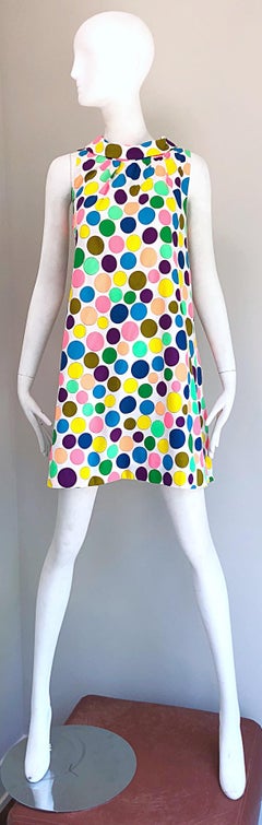 1960s Colorful Polka Dot Vintage 60s Cotton Trapeze A - Line Mod Dress