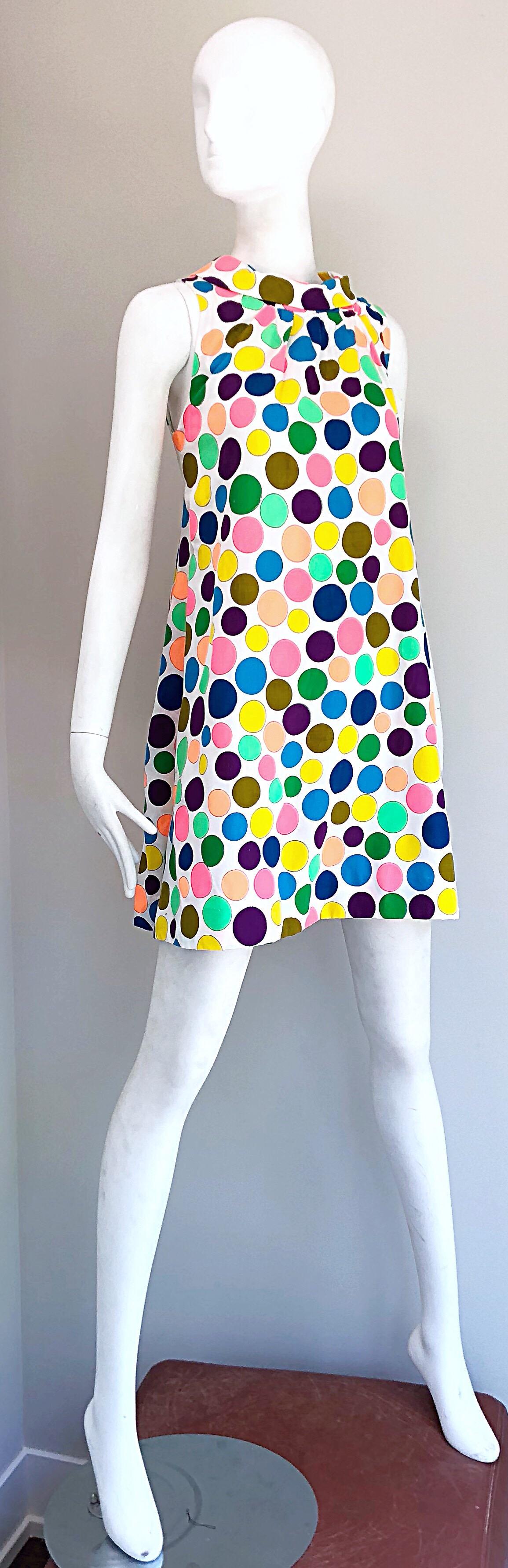 Beige 1960s Colorful Polka Dot Vintage 60s Cotton Trapeze A - Line Mod Dress For Sale